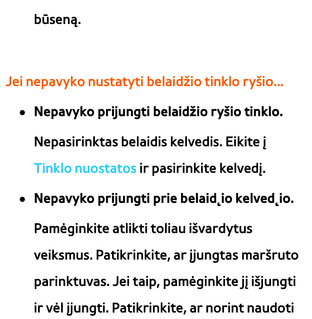 Samsung UE55ES7000SXXH manual Jei nepavyko nustatyti belaidžio tinklo ryšio, Nepavyko prijungti belaidžio ryšio tinklo 