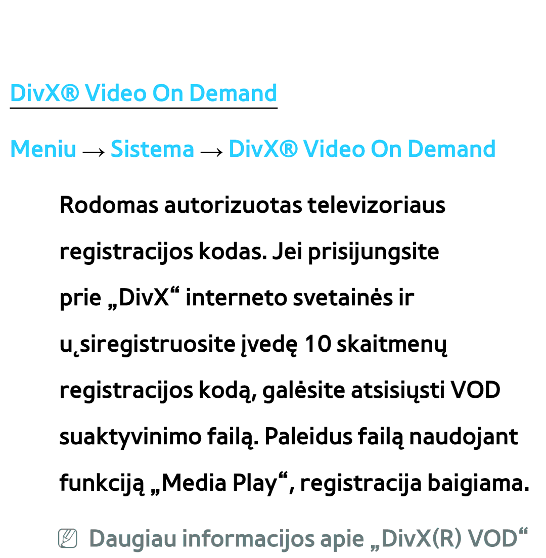 Samsung UE55ES8000SXXH, UE55ES7000SXXH, UE46ES8000SXXH manual DivX Video On Demand Meniu → Sistema → DivX Video On Demand 