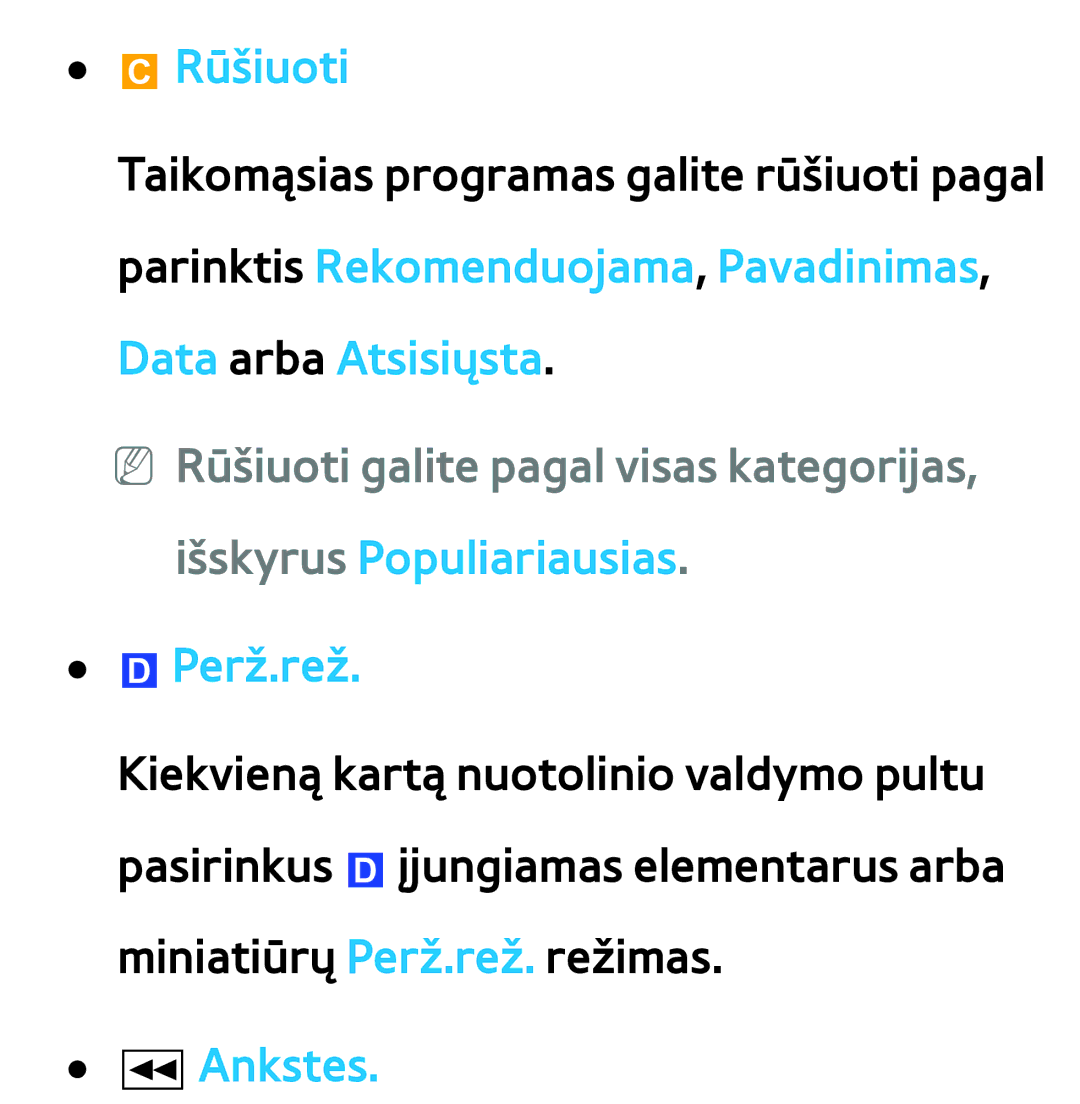 Samsung UE55ES7000SXXH, UE55ES8000SXXH, UE46ES8000SXXH, UE46ES7000SXXH, UE65ES8000SXXH manual Rūšiuoti, Perž.rež, Ankstes 