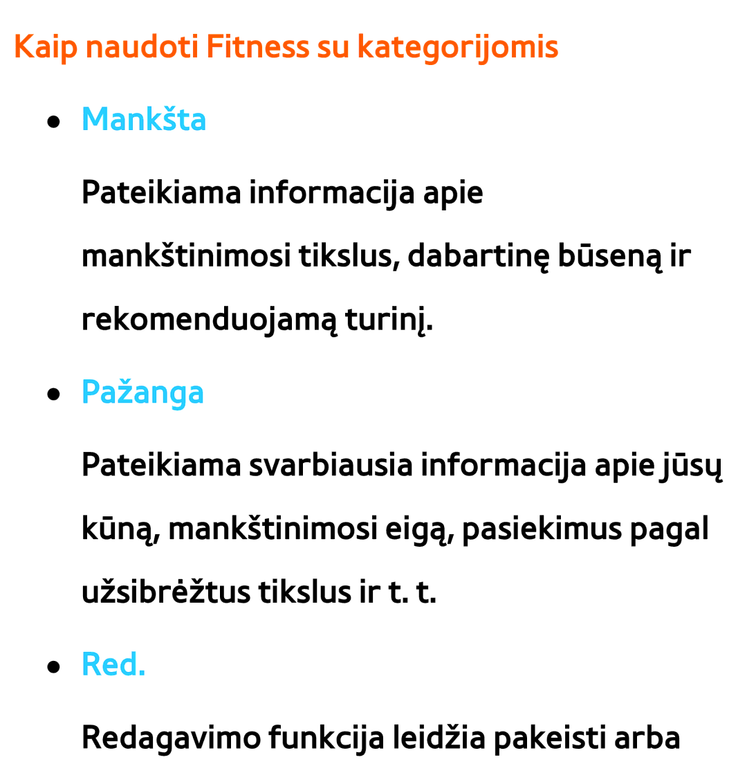 Samsung UE46ES8000SXXH, UE55ES8000SXXH, UE55ES7000SXXH manual Kaip naudoti Fitness su kategorijomis Mankšta, Pažanga, Red 