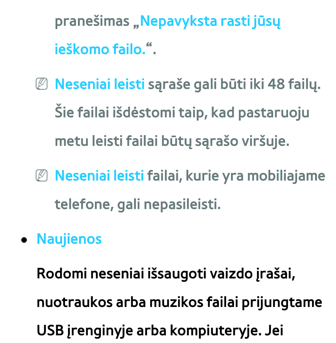 Samsung UE75ES9000SXXH, UE55ES8000SXXH, UE55ES7000SXXH manual Pranešimas „Nepavyksta rasti jūsų ieškomo failo, Naujienos 