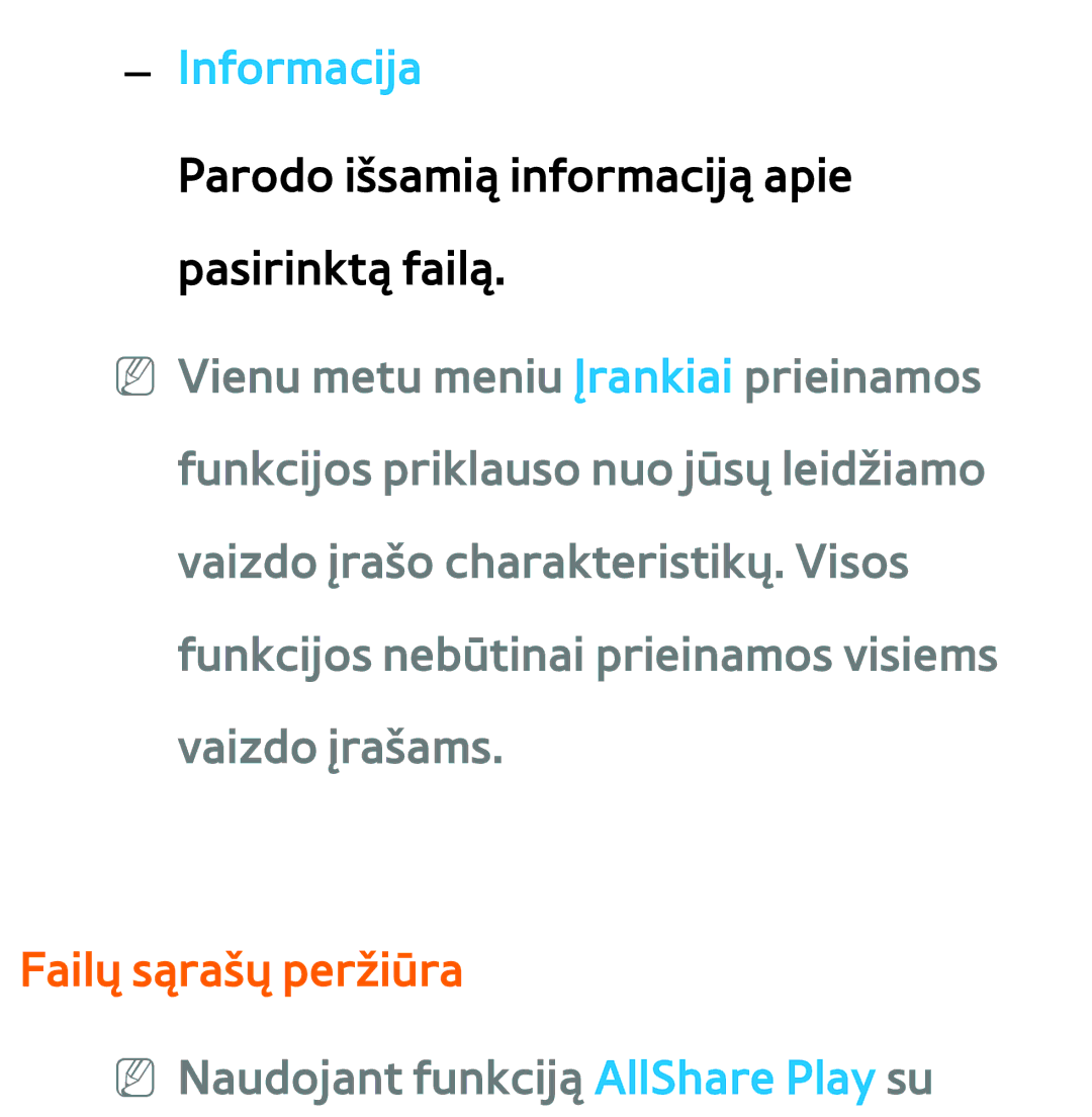 Samsung UE75ES9000SXXH, UE55ES8000SXXH, UE55ES7000SXXH manual Failų sąrašų peržiūra, NN Naudojant funkciją AllShare Play su 