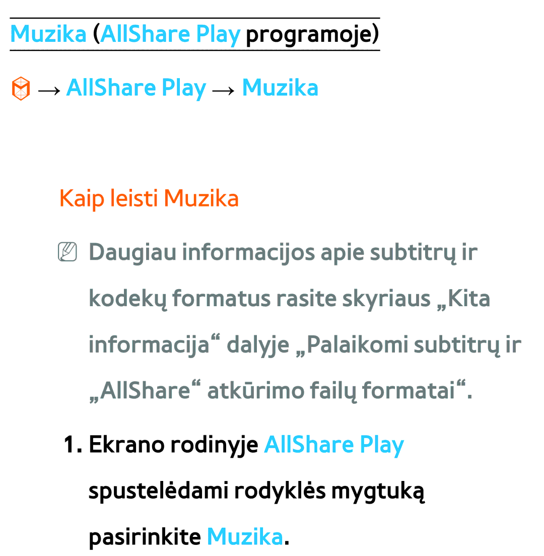 Samsung UE40ES8000SXXH, UE55ES8000SXXH manual Muzika AllShare Play programoje → AllShare Play → Muzika, Kaip leisti Muzika 