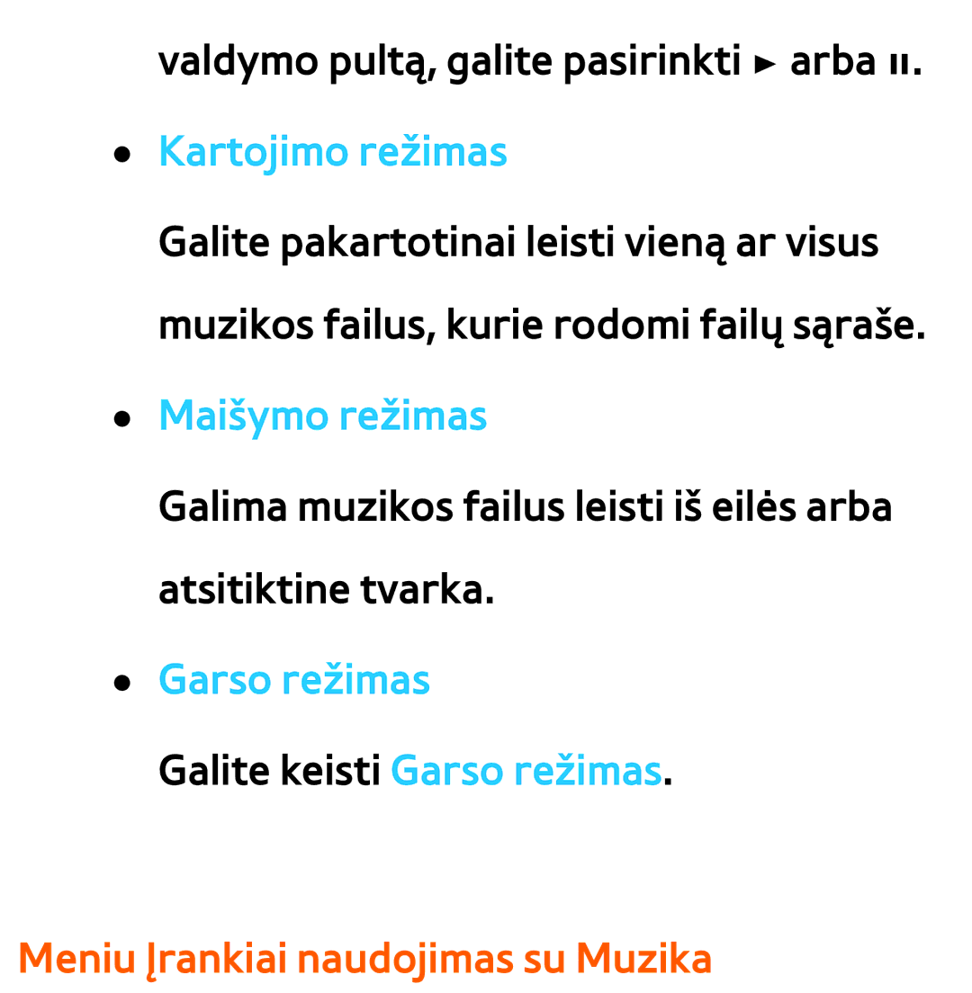 Samsung UE55ES7000SXXH, UE55ES8000SXXH, UE46ES8000SXXH, UE46ES7000SXXH Maišymo režimas, Meniu Įrankiai naudojimas su Muzika 