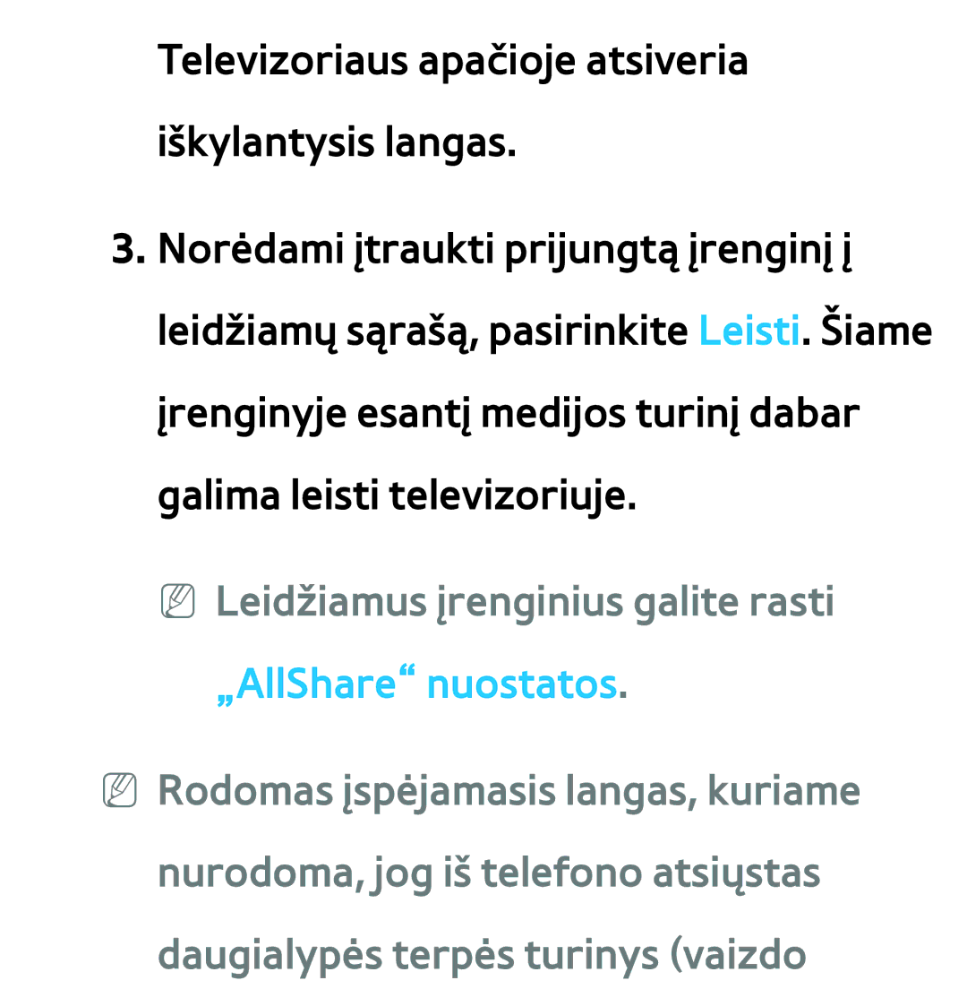 Samsung UE46ES8000SXXH, UE55ES8000SXXH, UE55ES7000SXXH manual NN Leidžiamus įrenginius galite rasti „AllShare nuostatos 