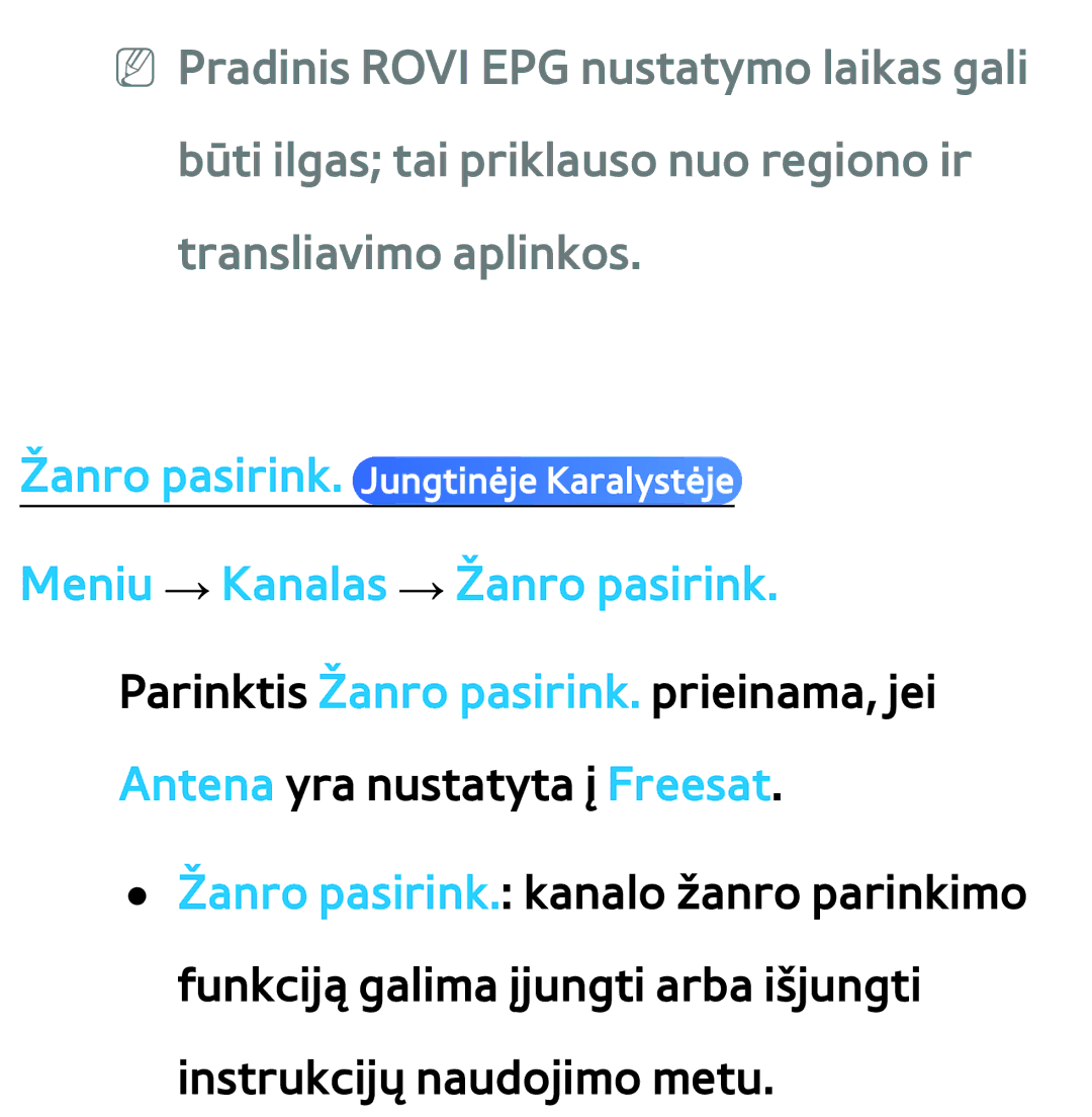 Samsung UE46ES7000SXXH, UE55ES8000SXXH, UE55ES7000SXXH, UE46ES8000SXXH, UE65ES8000SXXH manual Meniu → Kanalas → Žanro pasirink 
