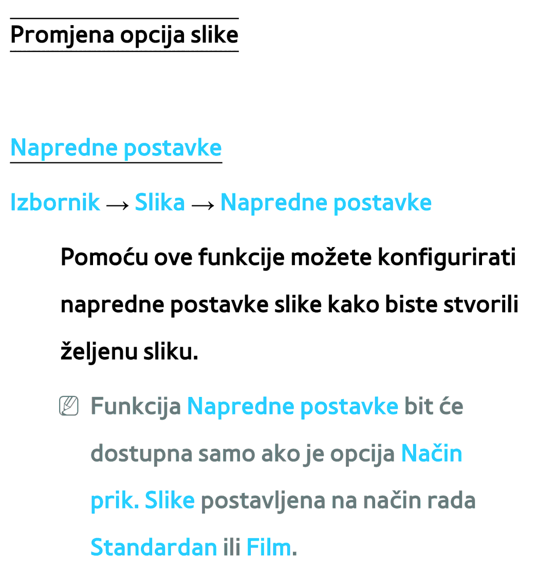 Samsung UE40ES8000SXXH, UE55ES8000SXXH, UE55ES7000SXXH manual Napredne postavke Izbornik → Slika → Napredne postavke 