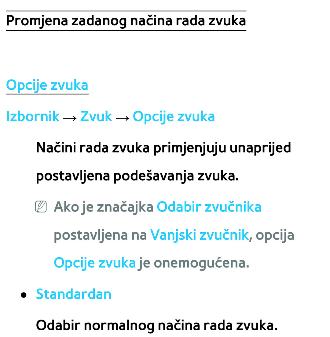 Samsung UE46ES7000SXXH, UE55ES8000SXXH, UE55ES7000SXXH manual Opcije zvuka Izbornik → Zvuk → Opcije zvuka, Standardan 