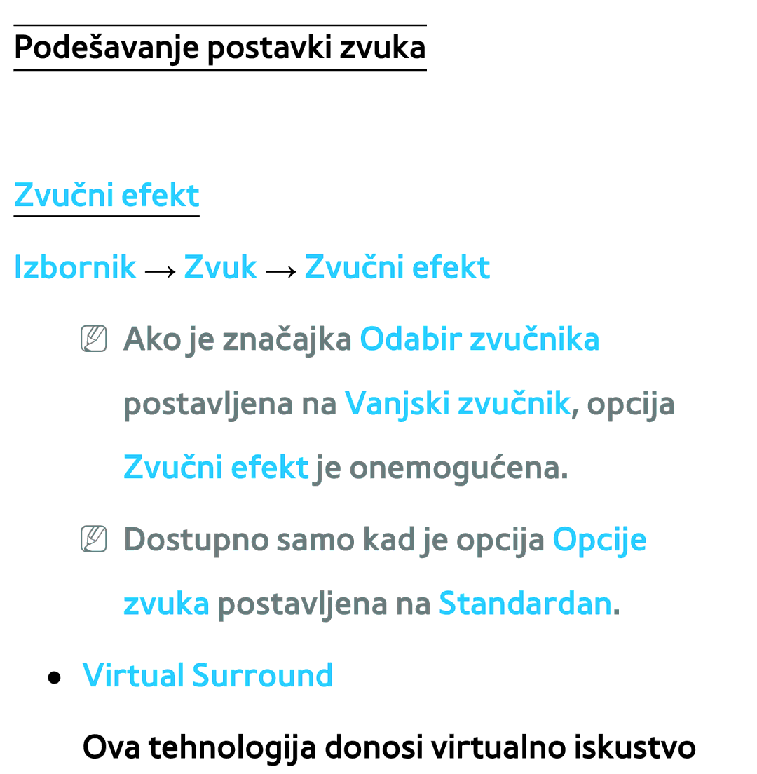 Samsung UE40ES8000SXXH, UE55ES8000SXXH, UE55ES7000SXXH manual Zvučni efekt Izbornik → Zvuk → Zvučni efekt, Virtual Surround 