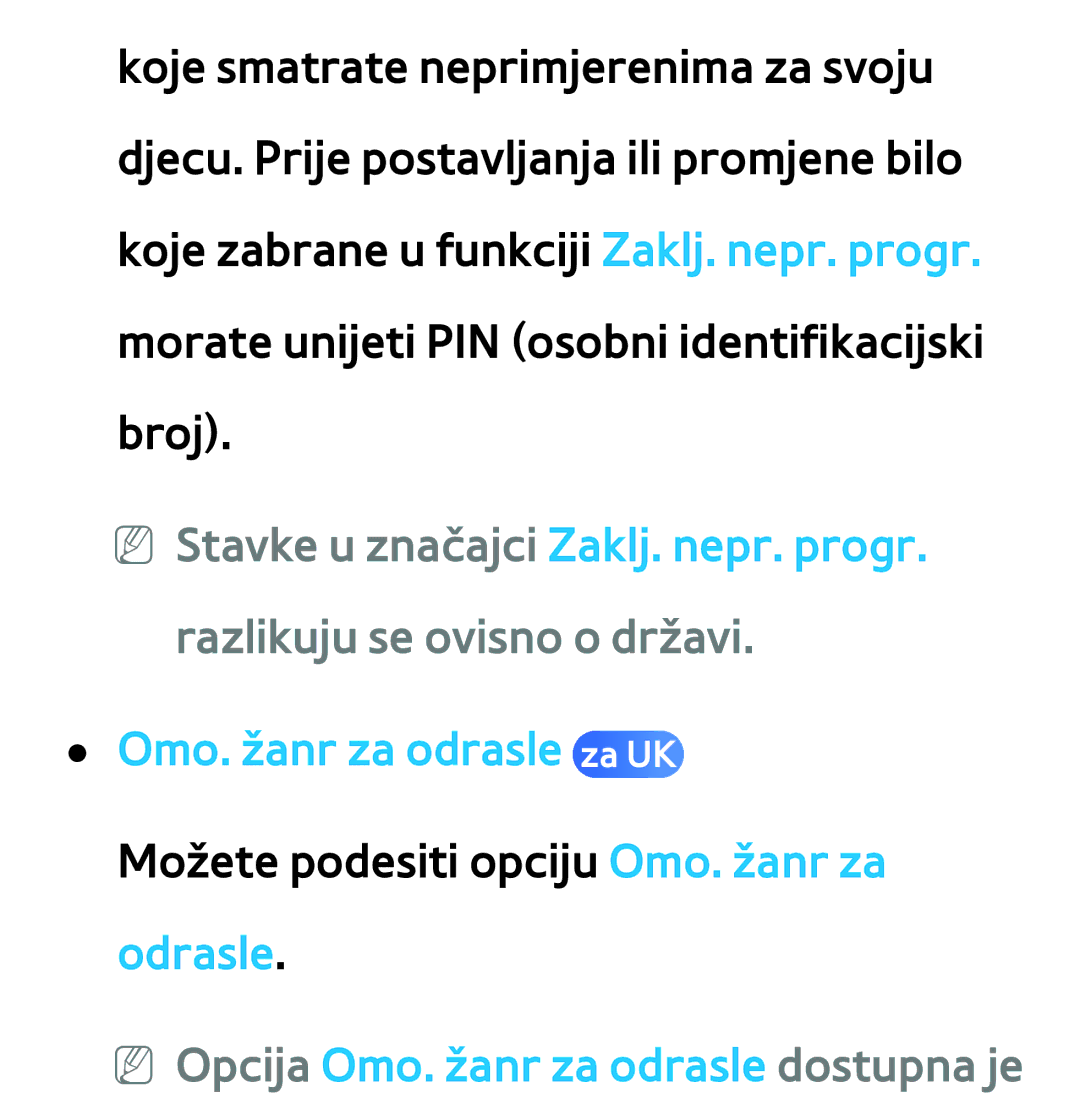 Samsung UE75ES9000SXXH, UE55ES8000SXXH manual Omo. žanr za odrasle za UK, NN Opcija Omo. žanr za odrasle dostupna je 