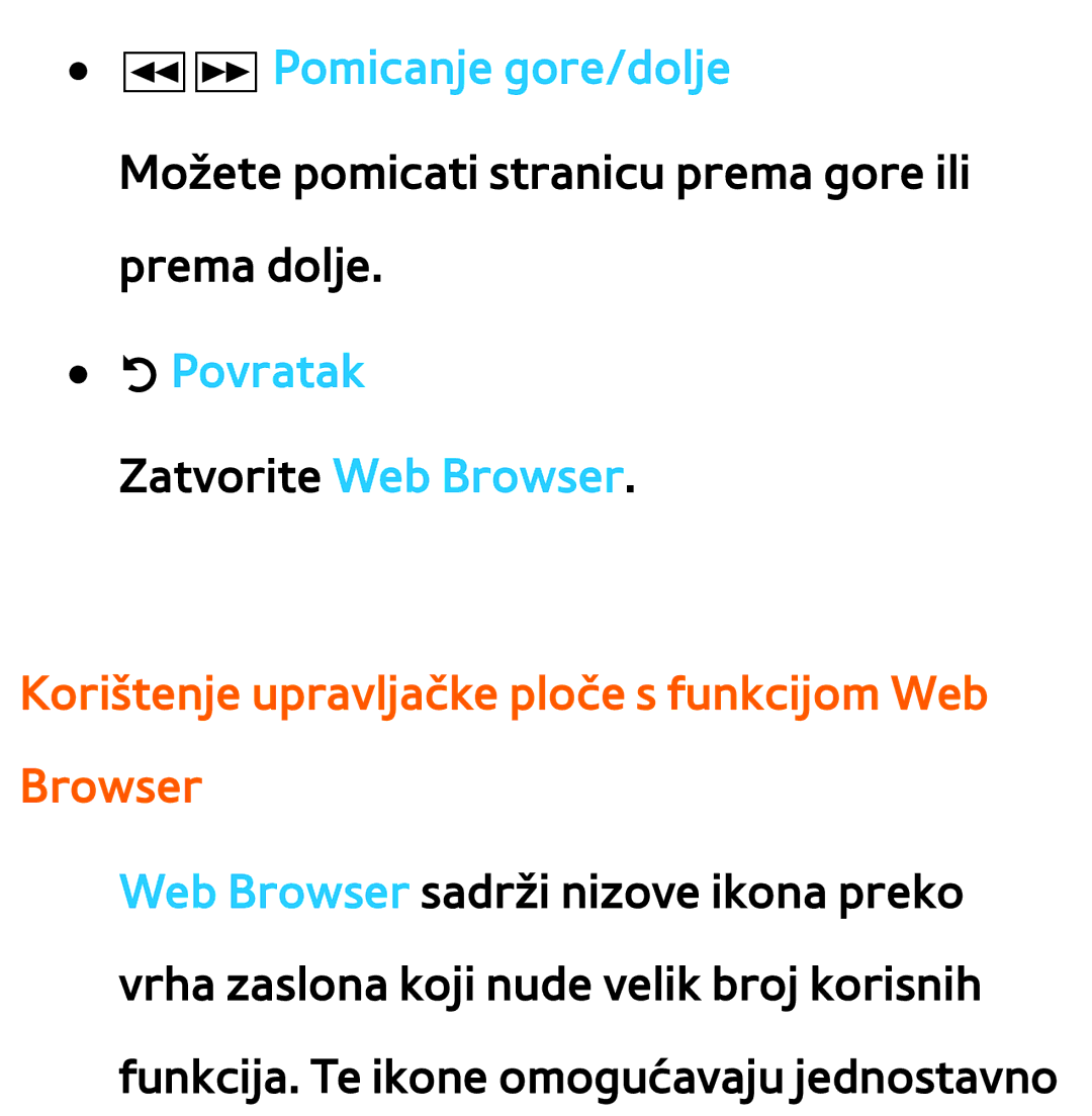 Samsung UE65ES8000SXXH, UE55ES8000SXXH manual Πµ Pomicanje gore/dolje, Korištenje upravljačke ploče s funkcijom Web Browser 