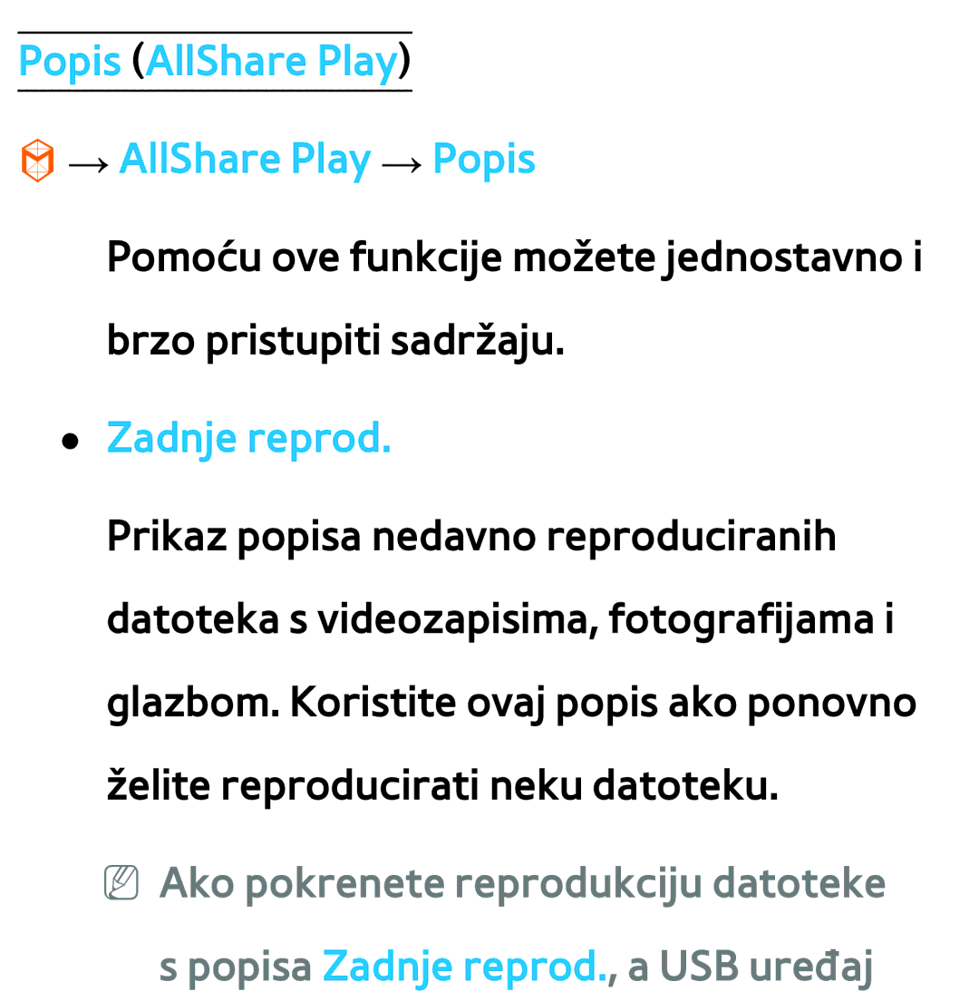 Samsung UE55ES8000SXXH, UE55ES7000SXXH, UE46ES8000SXXH manual Popis AllShare Play → AllShare Play → Popis, Zadnje reprod 