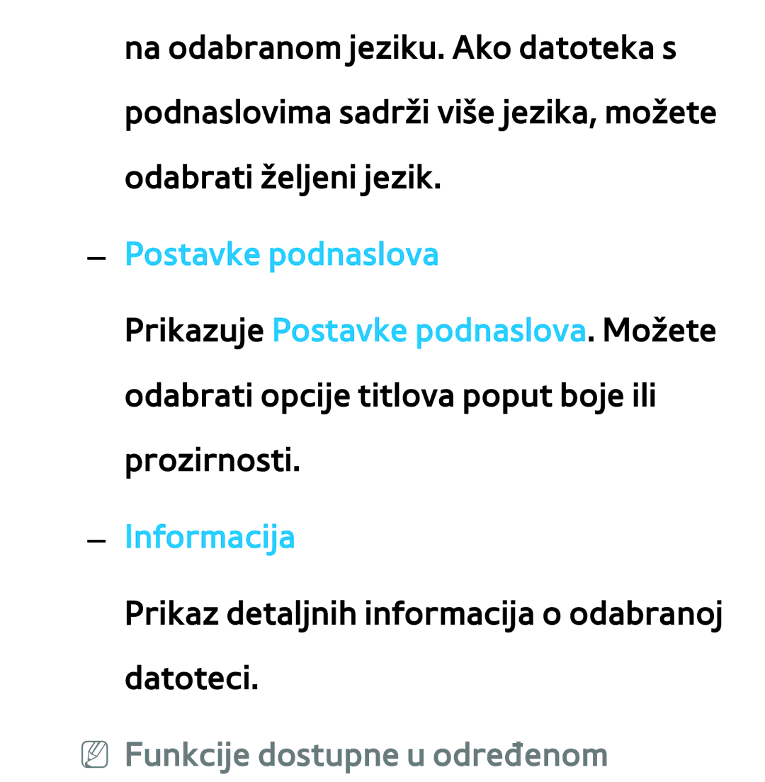 Samsung UE46ES7000SXXH, UE55ES8000SXXH, UE55ES7000SXXH, UE46ES8000SXXH Postavke podnaslova, NN Funkcije dostupne u određenom 