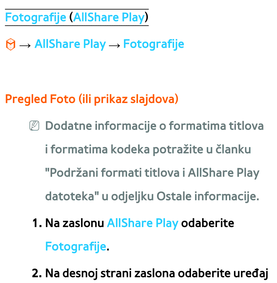 Samsung UE55ES7000SXXH manual Fotografije AllShare Play → AllShare Play → Fotografije, Pregled Foto ili prikaz slajdova 