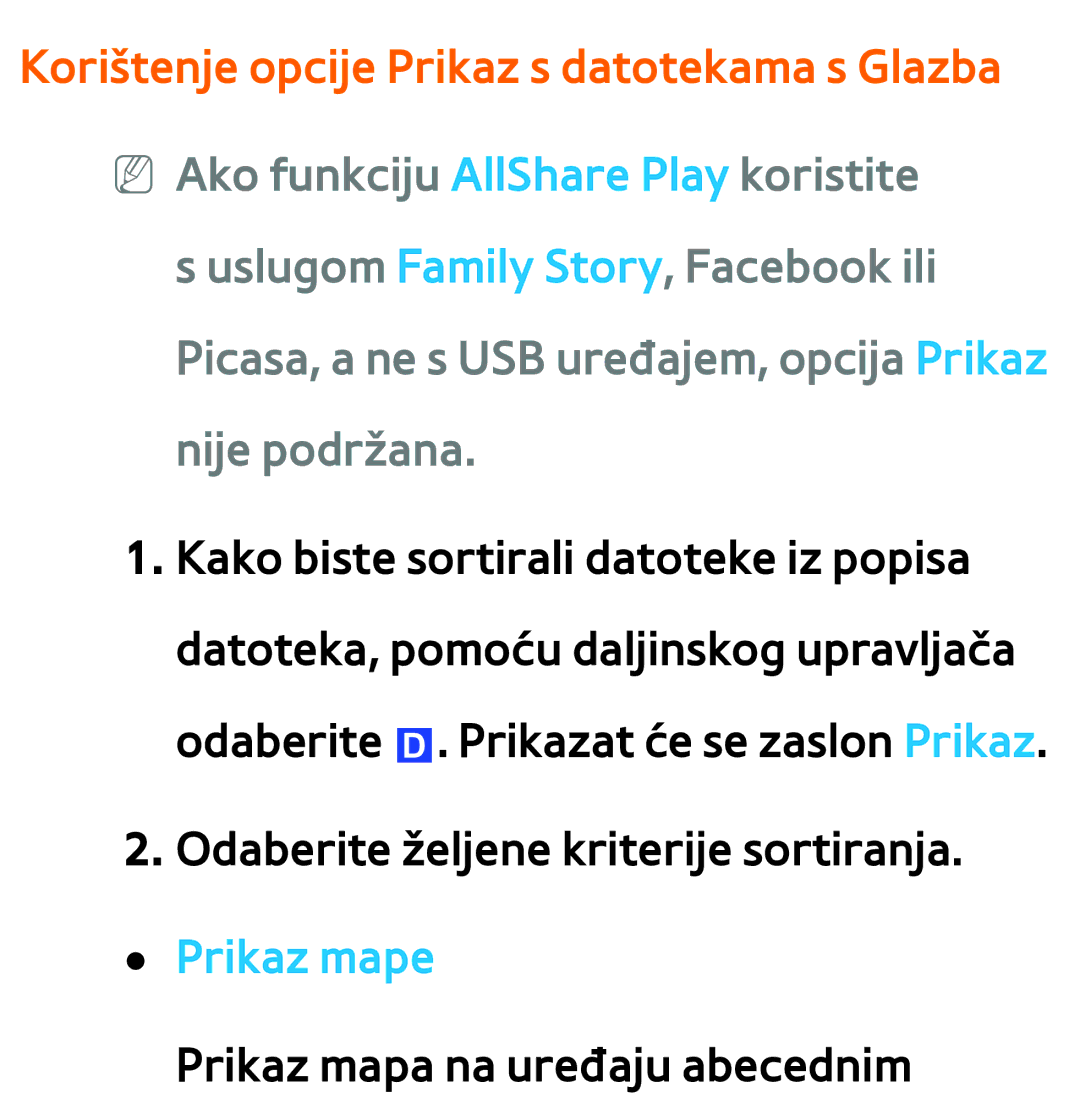 Samsung UE40ES8000SXXH, UE55ES8000SXXH, UE55ES7000SXXH manual Korištenje opcije Prikaz s datotekama s Glazba, Prikaz mape 