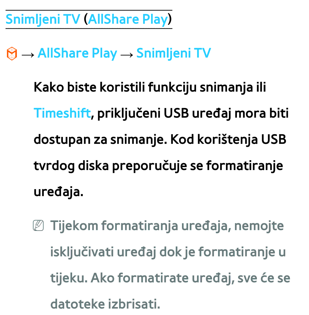 Samsung UE46ES8000SXXH, UE55ES8000SXXH, UE55ES7000SXXH manual Snimljeni TV AllShare Play → AllShare Play → Snimljeni TV 