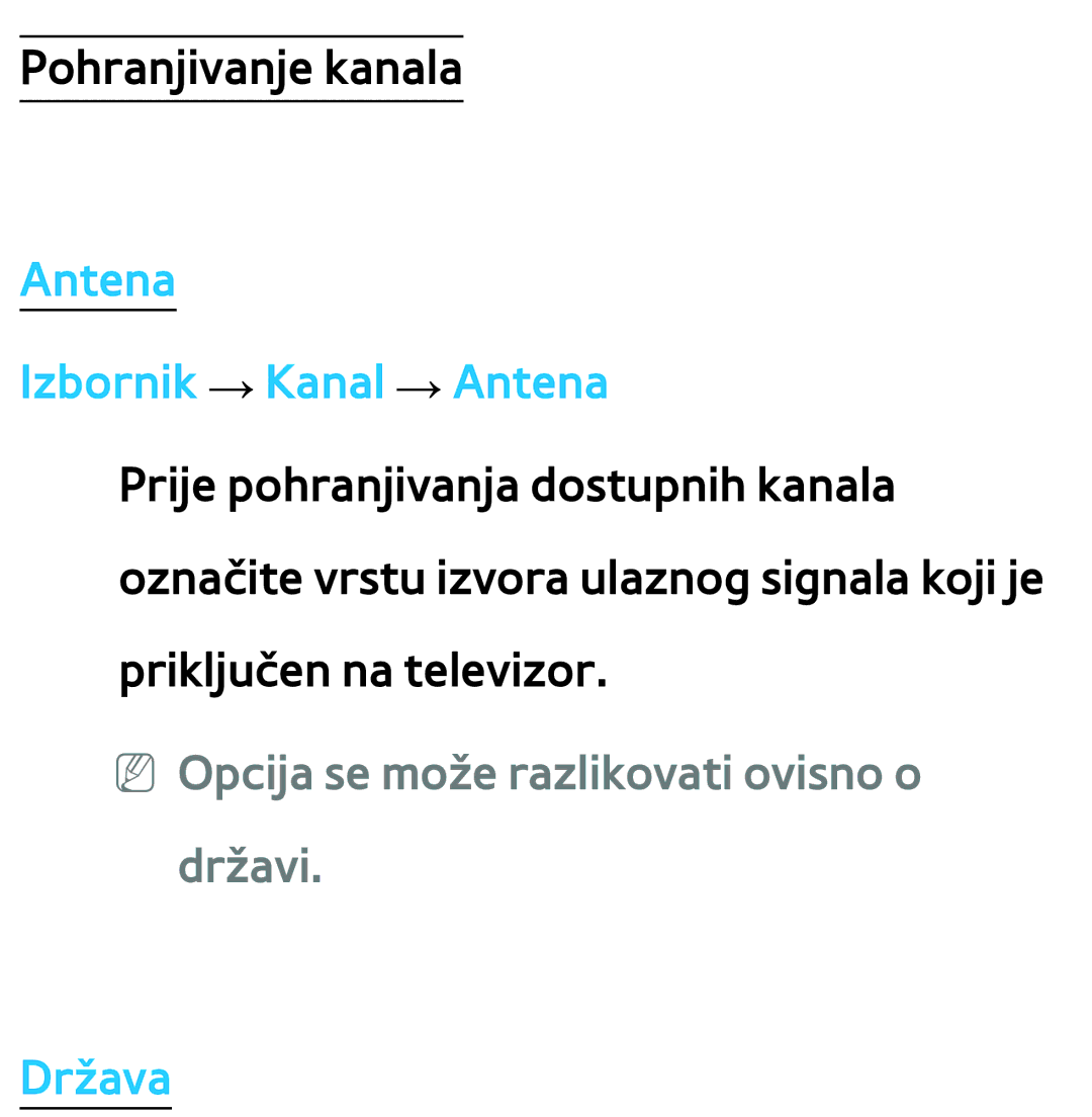 Samsung UE46ES7000SXXH manual Antena Izbornik → Kanal → Antena, NN Opcija se može razlikovati ovisno o državi, Država 