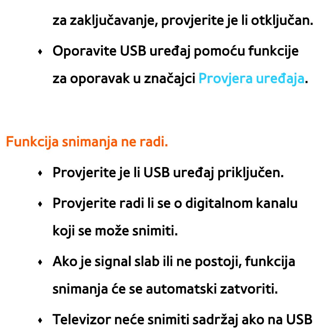 Samsung UE55ES7000SXXH, UE55ES8000SXXH, UE46ES8000SXXH, UE46ES7000SXXH, UE65ES8000SXXH manual Funkcija snimanja ne radi 