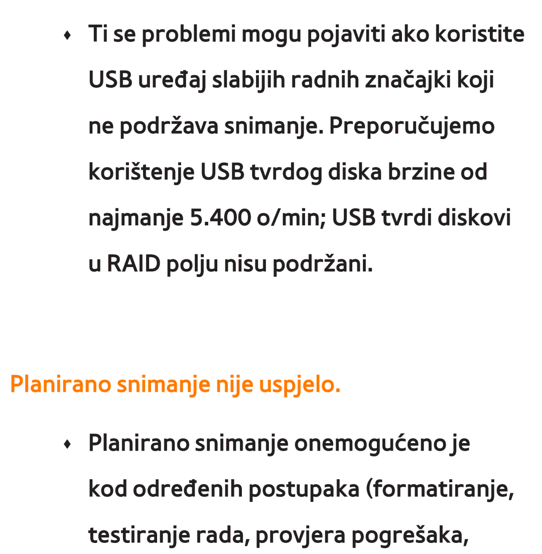 Samsung UE65ES8000SXXH, UE55ES8000SXXH, UE55ES7000SXXH, UE46ES8000SXXH, UE46ES7000SXXH manual Planirano snimanje nije uspjelo 