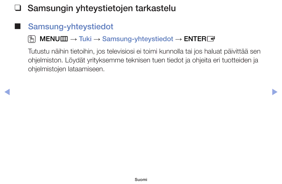 Samsung UE28F4005AWXXE, UE55F6105AKXXE, UE40F6105AKXXE manual Samsungin yhteystietojen tarkastelu, Samsung-yhteystiedot 