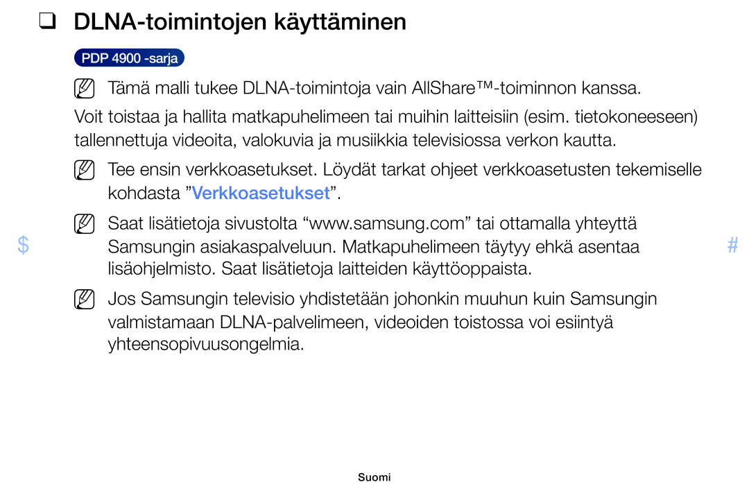 Samsung UE50F6105AKXXE, UE55F6105AKXXE, UE40F6105AKXXE manual DLNA-toimintojen käyttäminen, Kohdasta Verkkoasetukset 