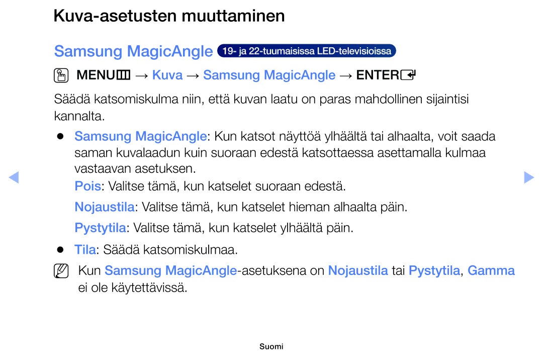 Samsung UE50F6105AKXXE, UE55F6105AKXXE manual Kuva-asetusten muuttaminen, OO MENUm → Kuva → Samsung MagicAngle → Entere 