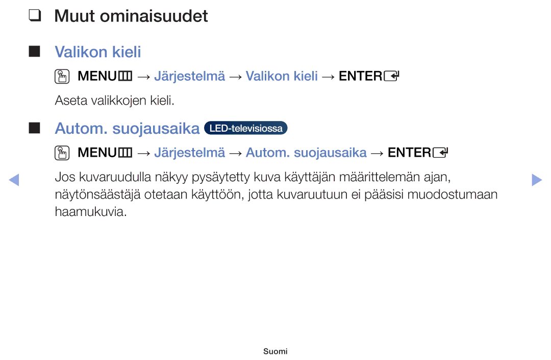 Samsung UE40F6105AKXXE, UE55F6105AKXXE manual Autom. suojausaika, OO MENUm → Järjestelmä → Valikon kieli → Entere 