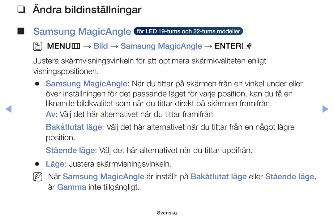 Samsung UE50F6105AKXXE, UE55F6105AKXXE manual Ändra bildinställningar, OO MENUm → Bild → Samsung MagicAngle → Entere 