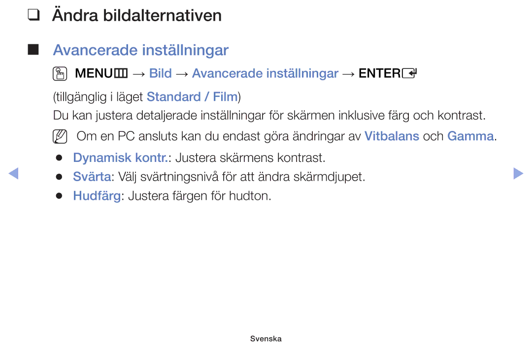 Samsung UE19F4005AWXXE, UE55F6105AKXXE, UE40F6105AKXXE, UE28F4005AWXXE manual Ändra bildalternativen, Avancerade inställningar 