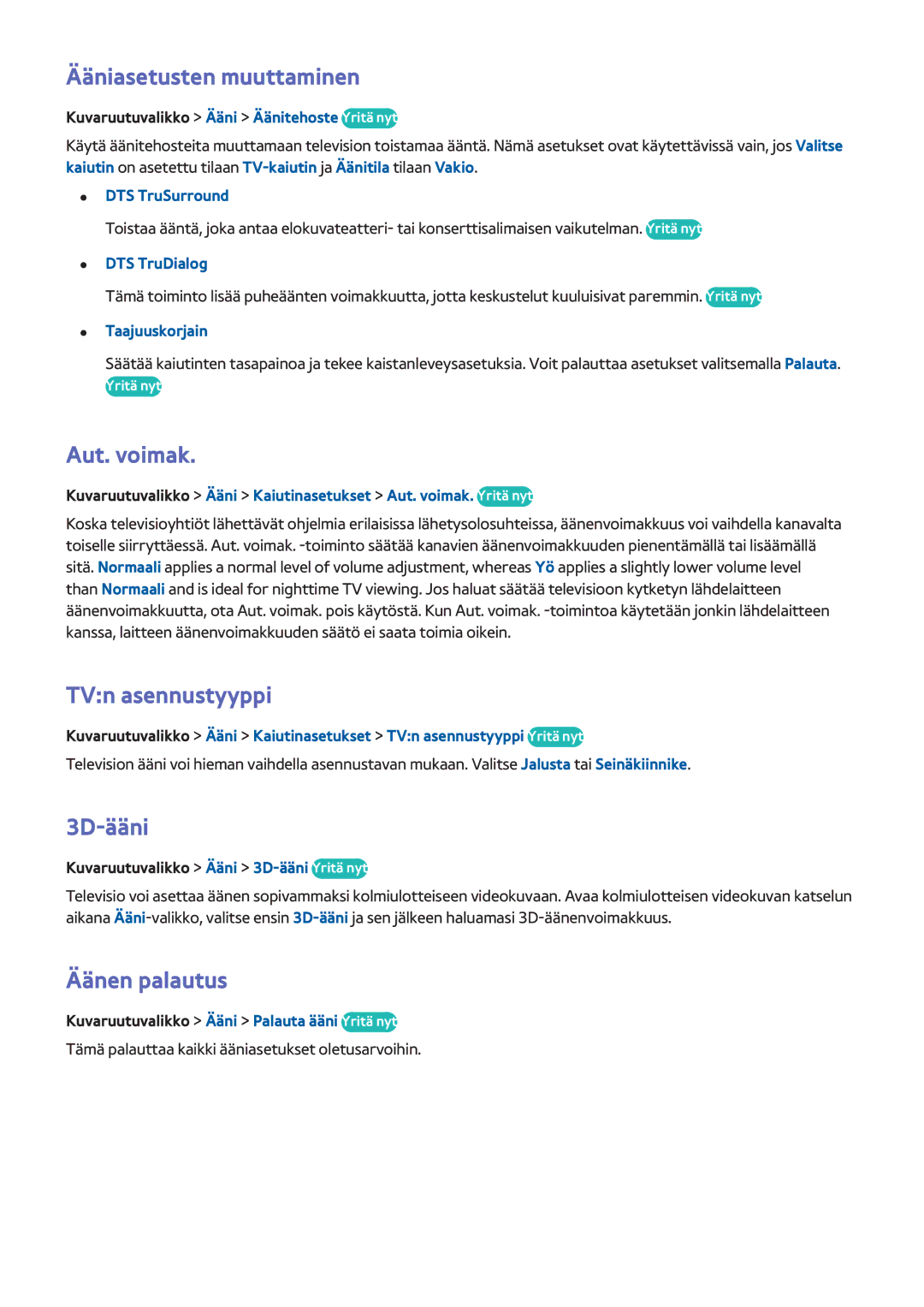 Samsung UE46F6755SBXXE, UE55F6345SBXXE Ääniasetusten muuttaminen, Aut. voimak, TVn asennustyyppi, 3D-ääni, Äänen palautus 