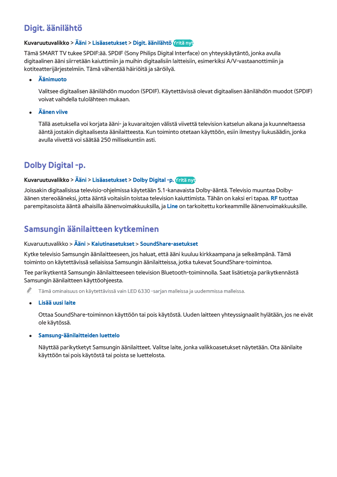 Samsung UE22F5415AKXXE, UE55F6345SBXXE manual Digit. äänilähtö, Dolby Digital -p, Samsungin äänilaitteen kytkeminen 