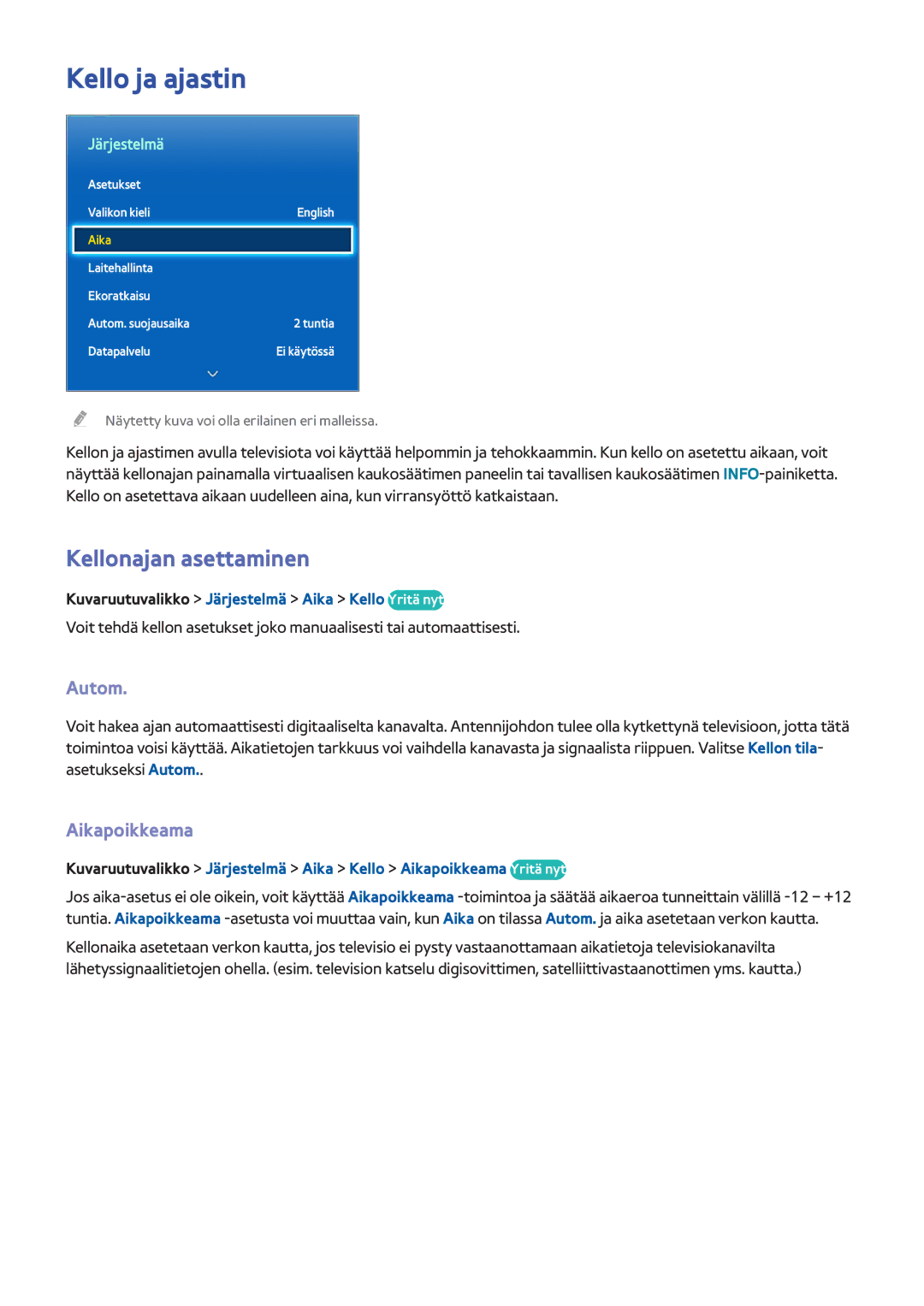 Samsung UE40F6515SBXXE, UE55F6345SBXXE, UE40F6755SBXXE manual Kello ja ajastin, Kellonajan asettaminen, Autom, Aikapoikkeama 