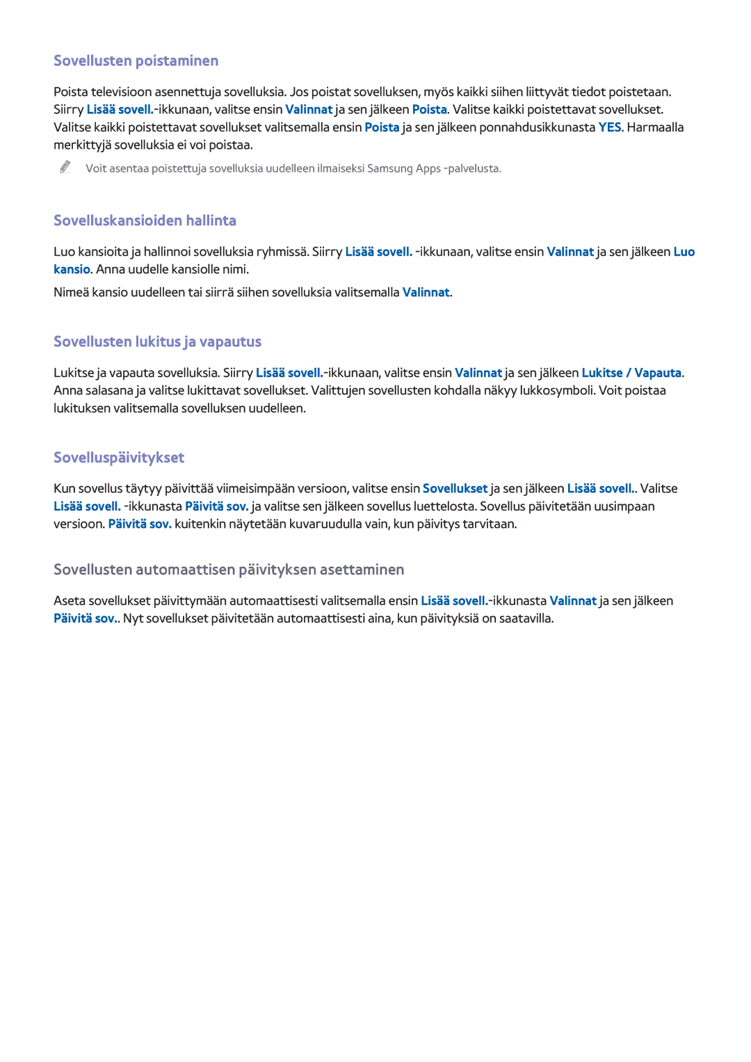 Samsung UE50F6645SBXXE, UE55F6345SBXXE Sovelluskansioiden hallinta, Sovellusten lukitus ja vapautus, Sovelluspäivitykset 