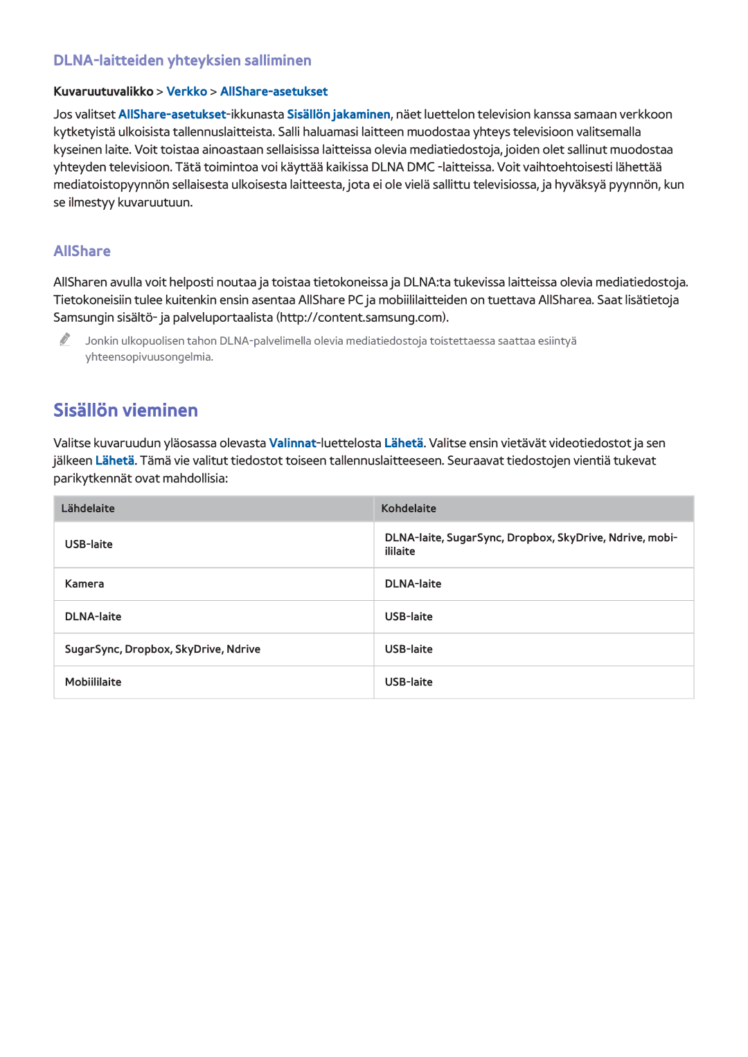 Samsung UE55F6805SBXXE, UE55F6345SBXXE, UE40F6755SBXXE Sisällön vieminen, DLNA-laitteiden yhteyksien salliminen, AllShare 