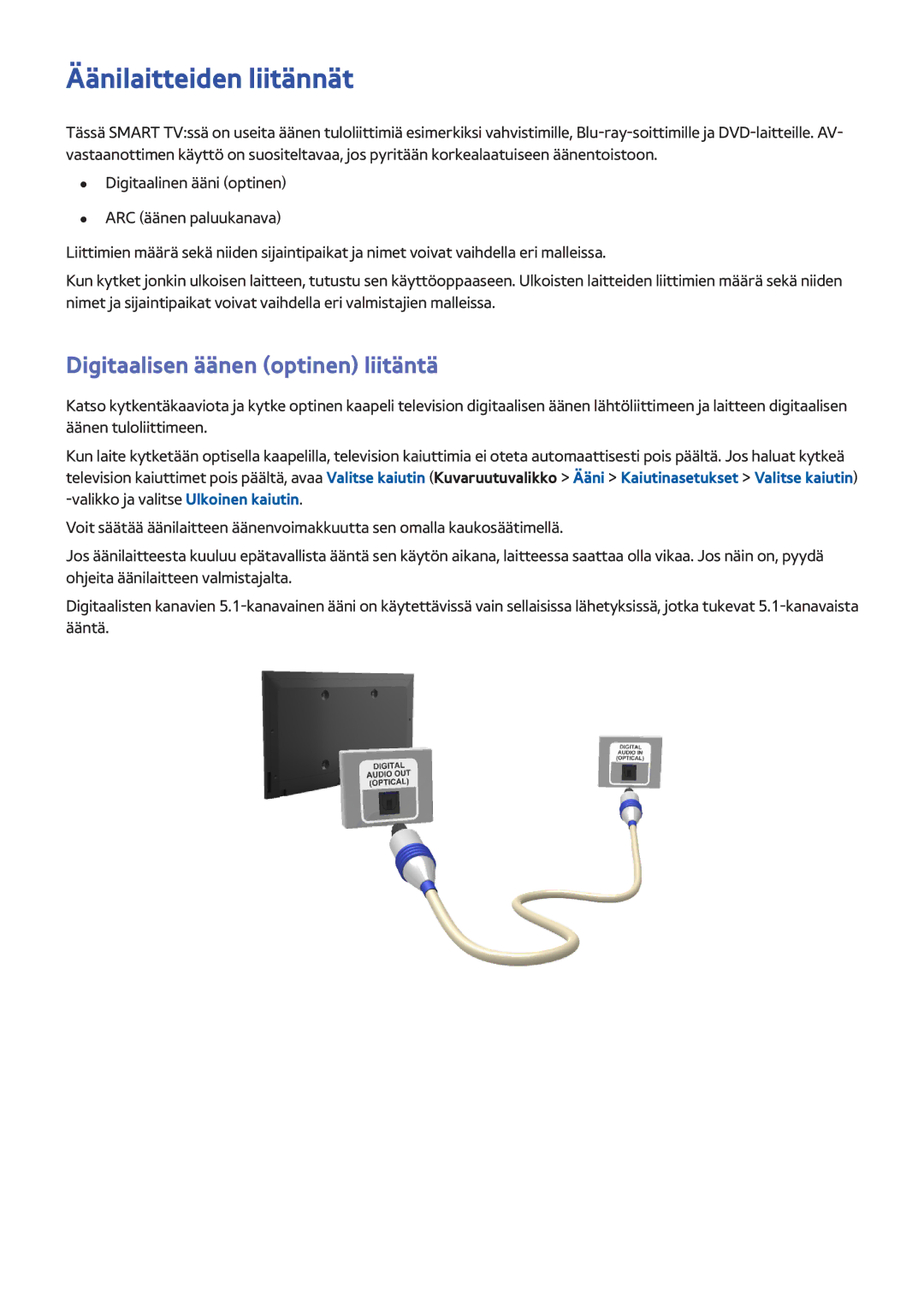 Samsung UE55F6505SBXXE, UE55F6345SBXXE, UE40F6755SBXXE manual Äänilaitteiden liitännät, Digitaalisen äänen optinen liitäntä 