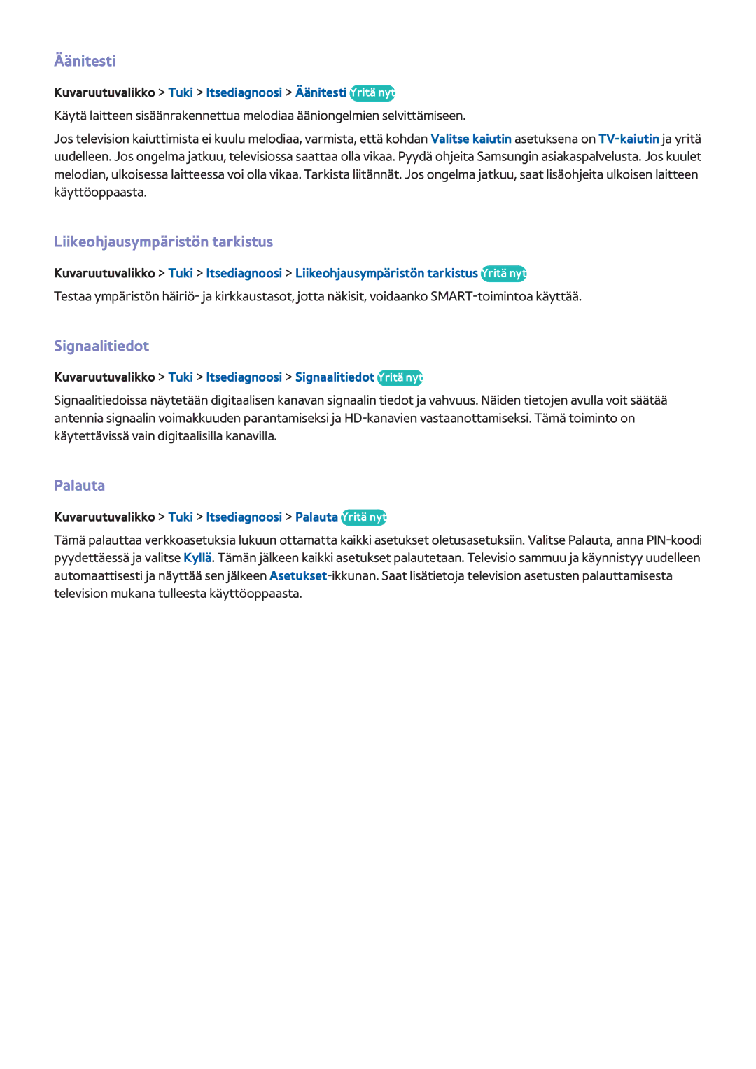 Samsung UE55F6475SBXXE, UE55F6345SBXXE, UE40F6755SBXXE Äänitesti, Liikeohjausympäristön tarkistus, Signaalitiedot, Palauta 