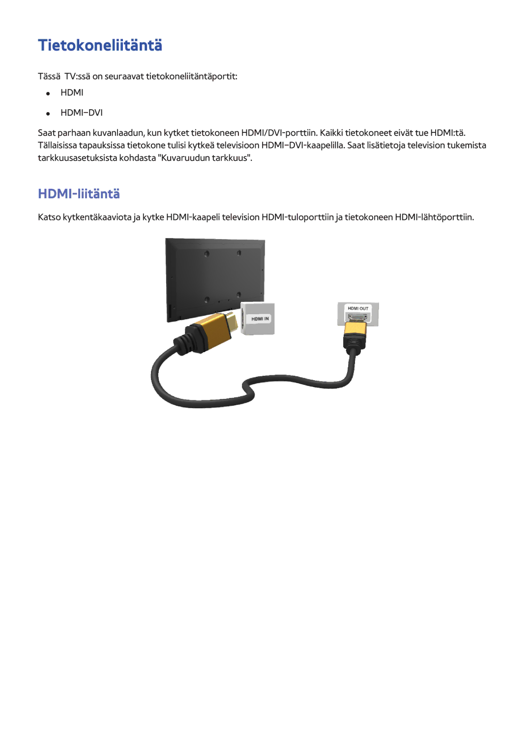 Samsung UE40F5505AKXXE, UE55F6345SBXXE, UE40F6755SBXXE, UE32F6475SBXXE, UE42F5305AKXXE manual Tietokoneliitäntä, Hdmi-Dvi 