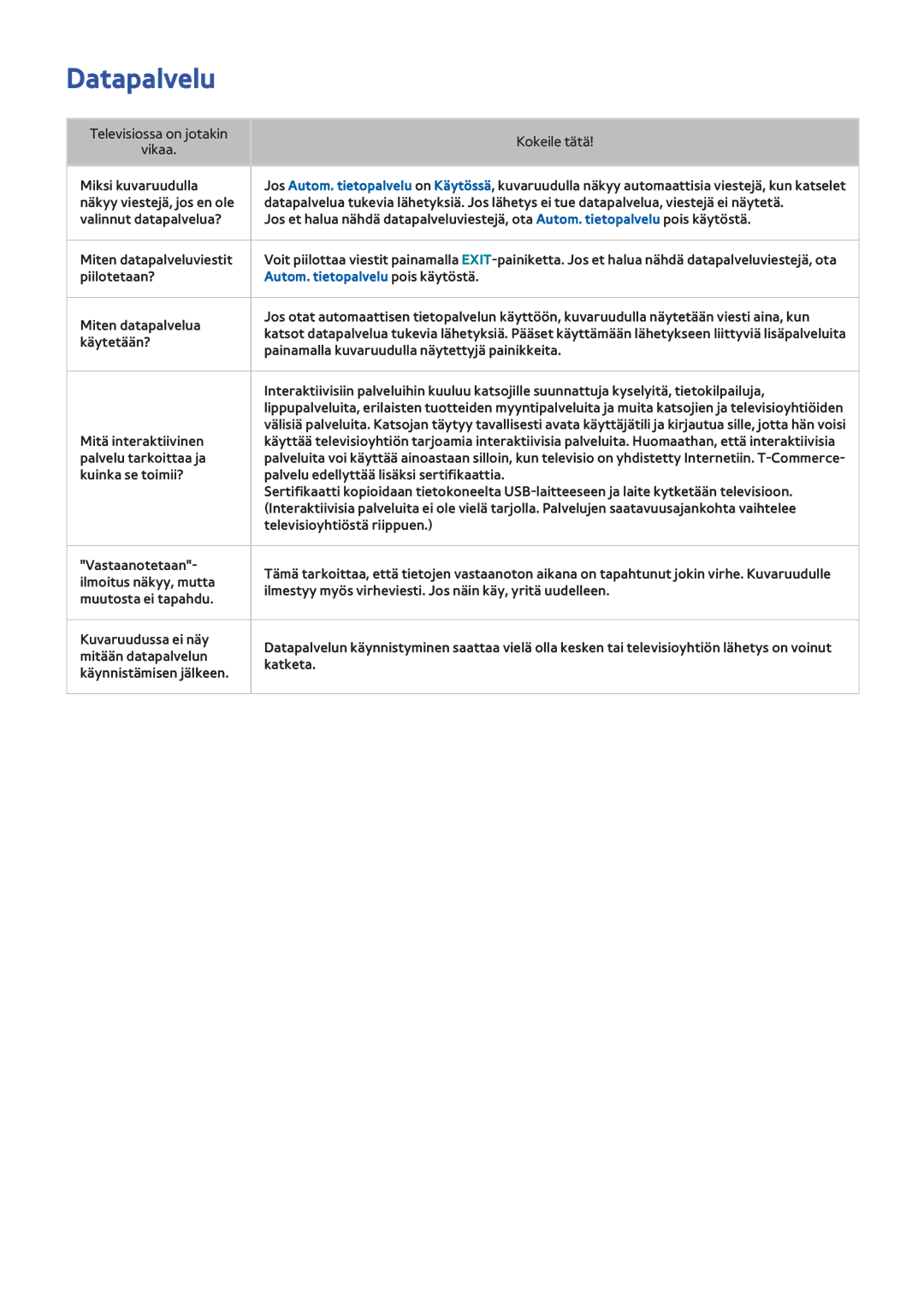 Samsung UE42F5305AKXXE, UE55F6345SBXXE, UE40F6755SBXXE, UE32F6475SBXXE, UE32F5505AKXXE manual Autom. tietopalvelu pois käytöstä 