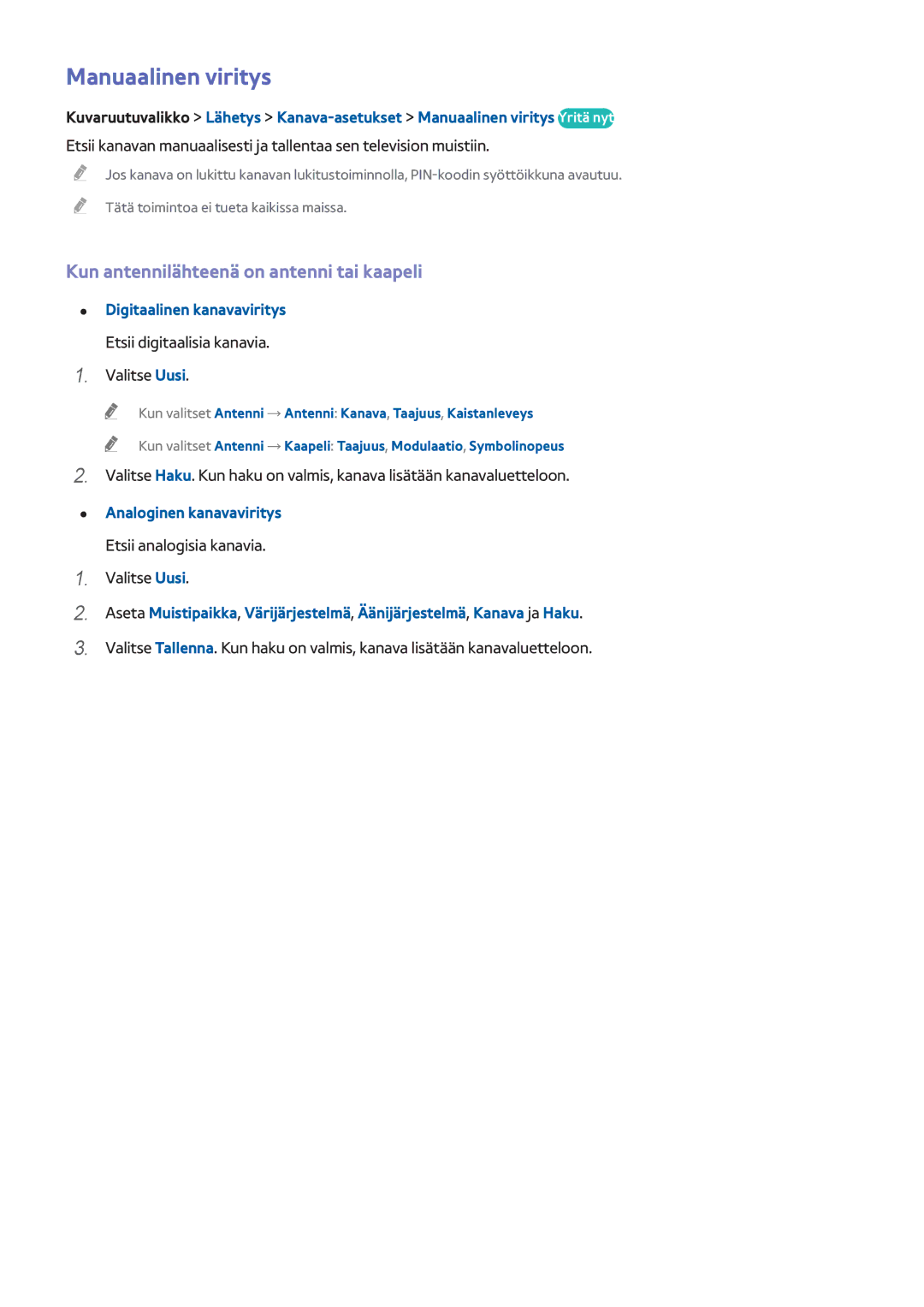 Samsung UE46F6655SBXXE manual Manuaalinen viritys, Kun antennilähteenä on antenni tai kaapeli, Digitaalinen kanavaviritys 
