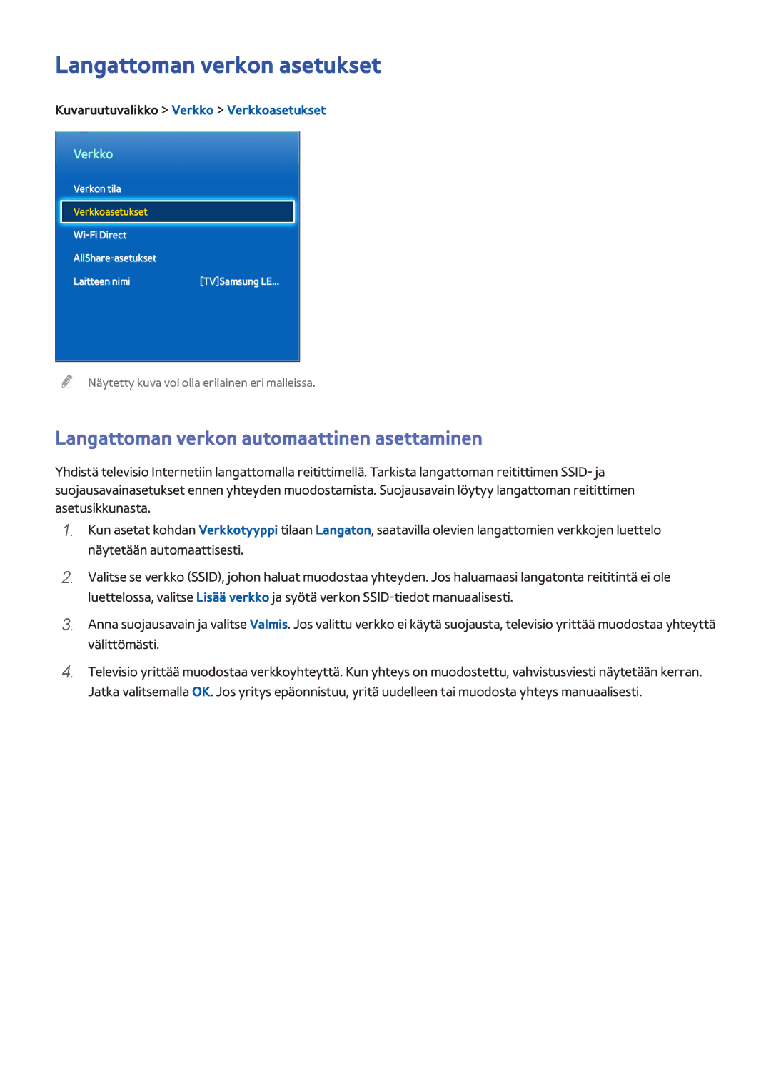 Samsung UE55F6655SBXXE, UE55F6345SBXXE manual Langattoman verkon asetukset, Langattoman verkon automaattinen asettaminen 