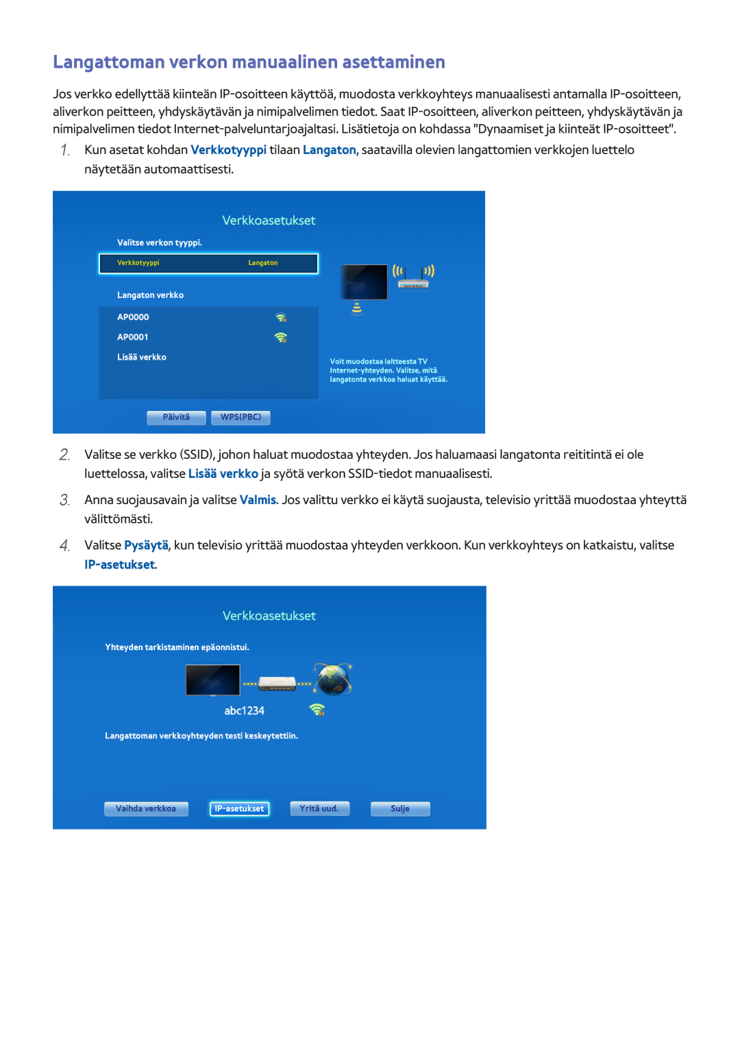 Samsung UE50F6275SBXXE manual Langattoman verkon manuaalinen asettaminen, Langaton verkko AP0000 AP0001 Lisää verkko 