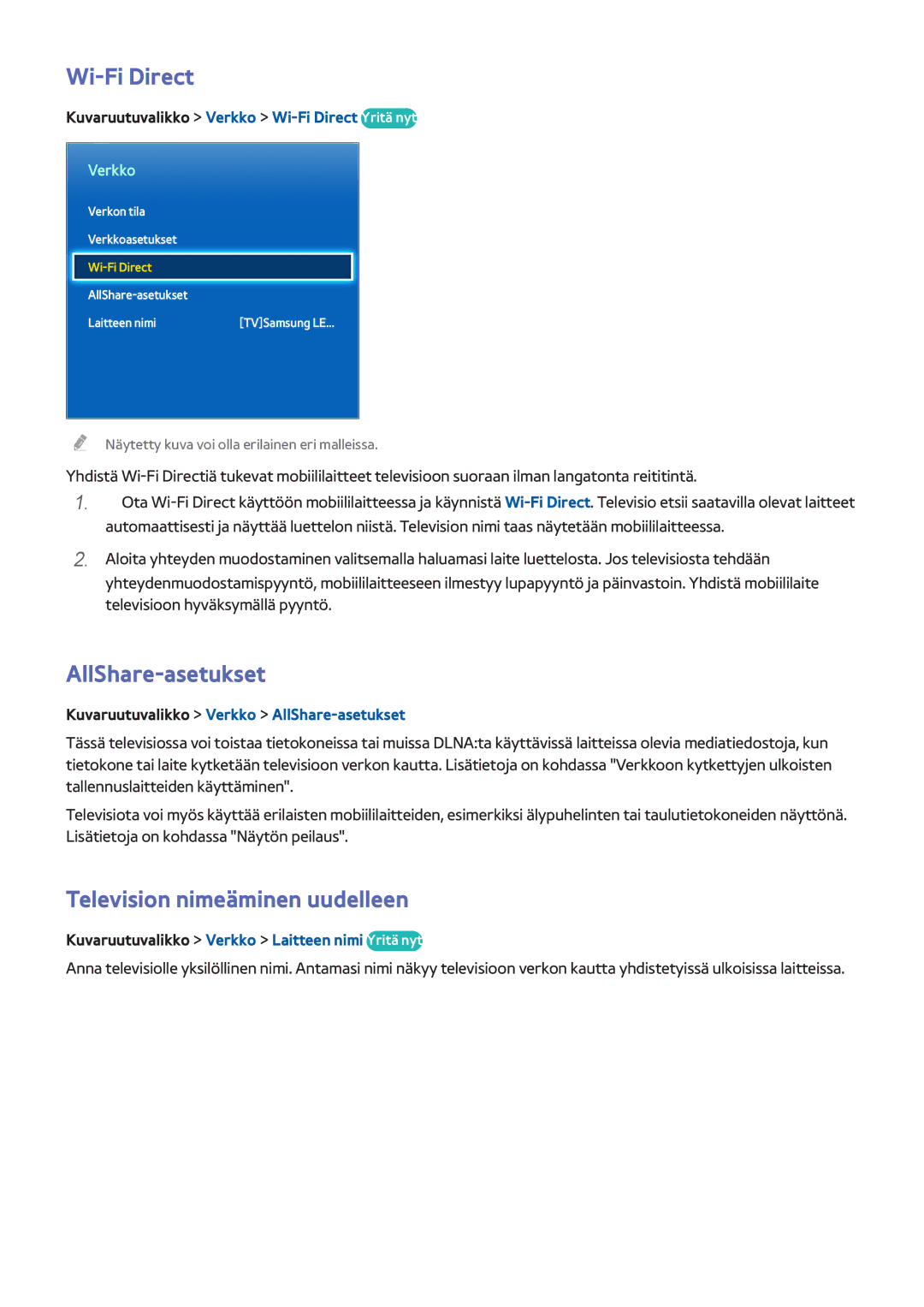 Samsung UE32F4515AKXXE, UE55F6345SBXXE, UE40F6755SBXXE Wi-Fi Direct, AllShare-asetukset, Television nimeäminen uudelleen 