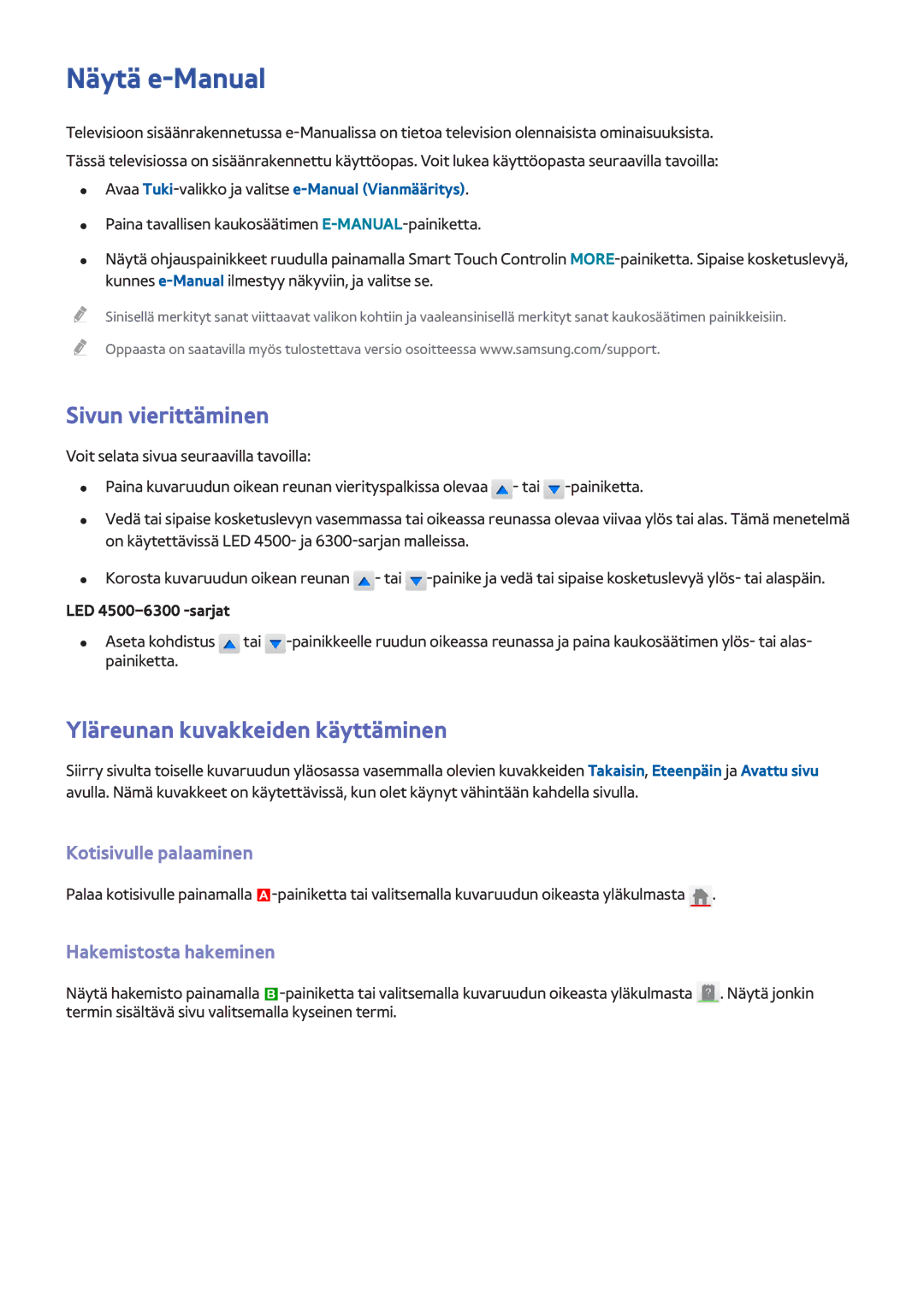 Samsung UE50F6675SBXXE Näytä e-Manual, Sivun vierittäminen, Yläreunan kuvakkeiden käyttäminen, Kotisivulle palaaminen 