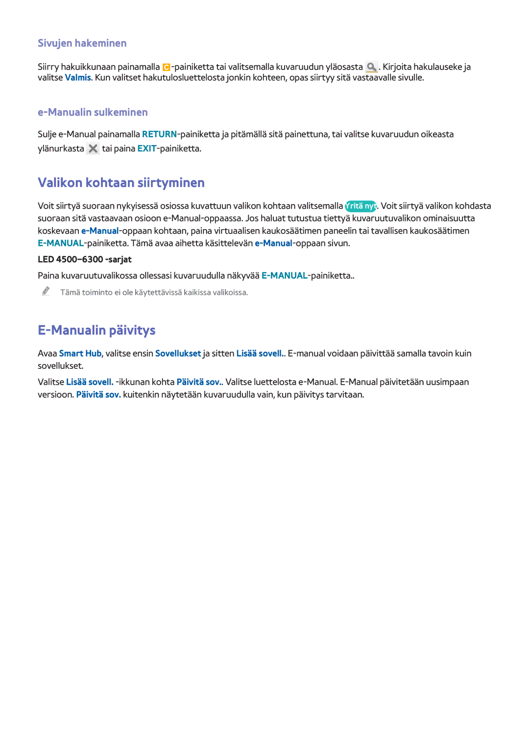 Samsung UE55F6675SBXXE manual Valikon kohtaan siirtyminen, Manualin päivitys, Sivujen hakeminen, Manualin sulkeminen 