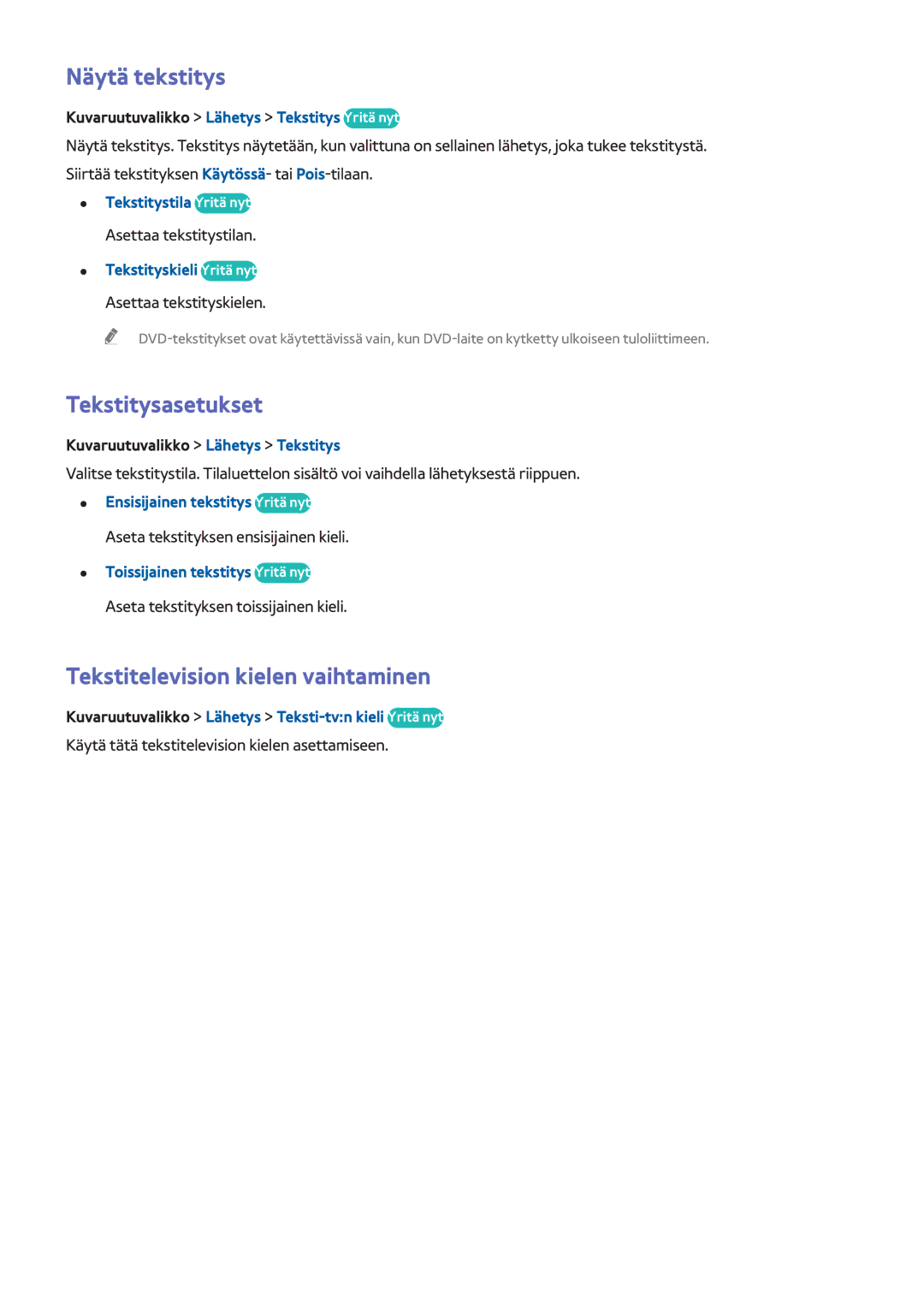 Samsung UE55F6515SBXXE, UE55F6345SBXXE manual Näytä tekstitys, Tekstitysasetukset, Tekstitelevision kielen vaihtaminen 