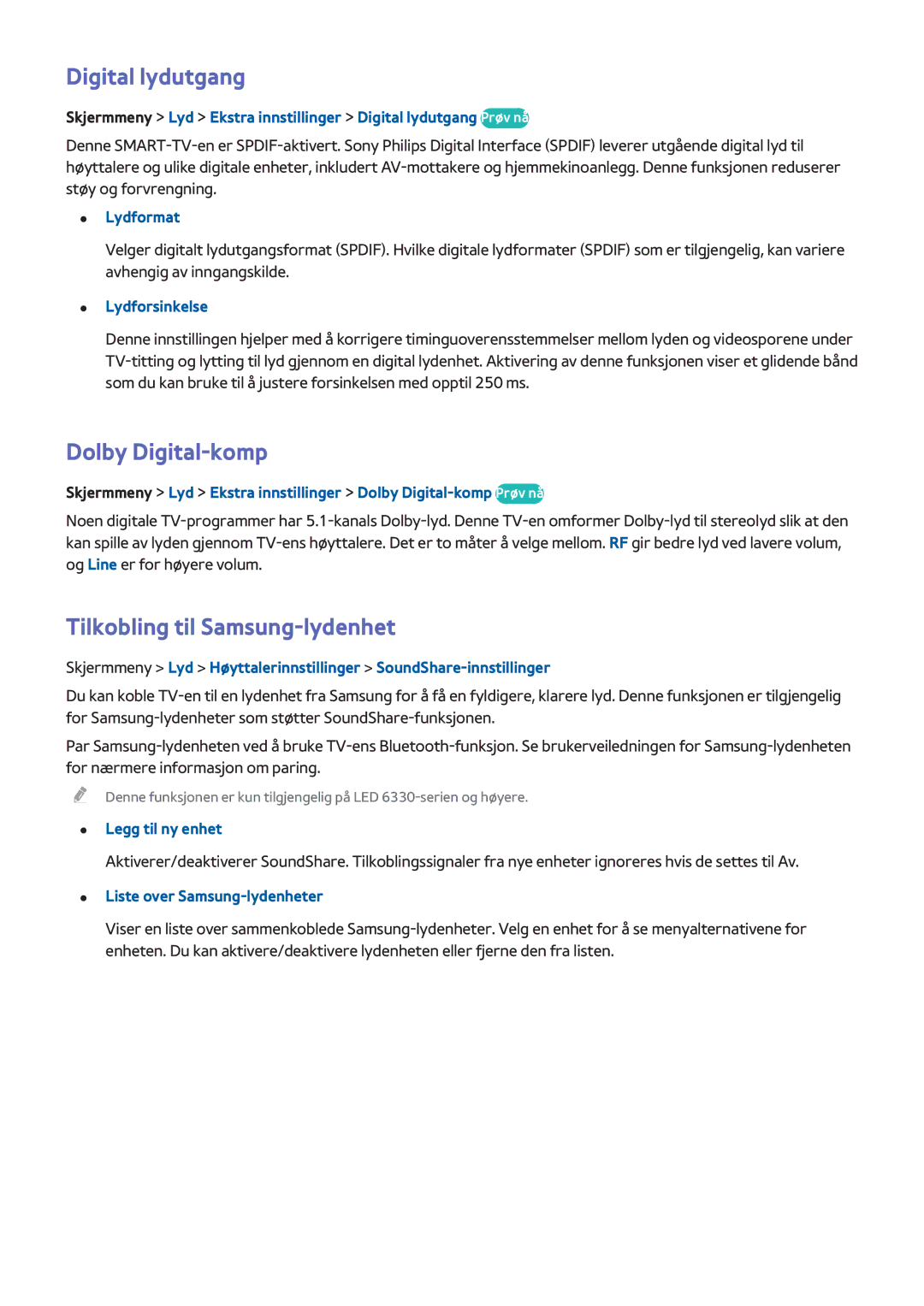 Samsung UE22F5415AKXXE, UE55F6345SBXXE manual Digital lydutgang, Dolby Digital-komp, Tilkobling til Samsung-lydenhet 