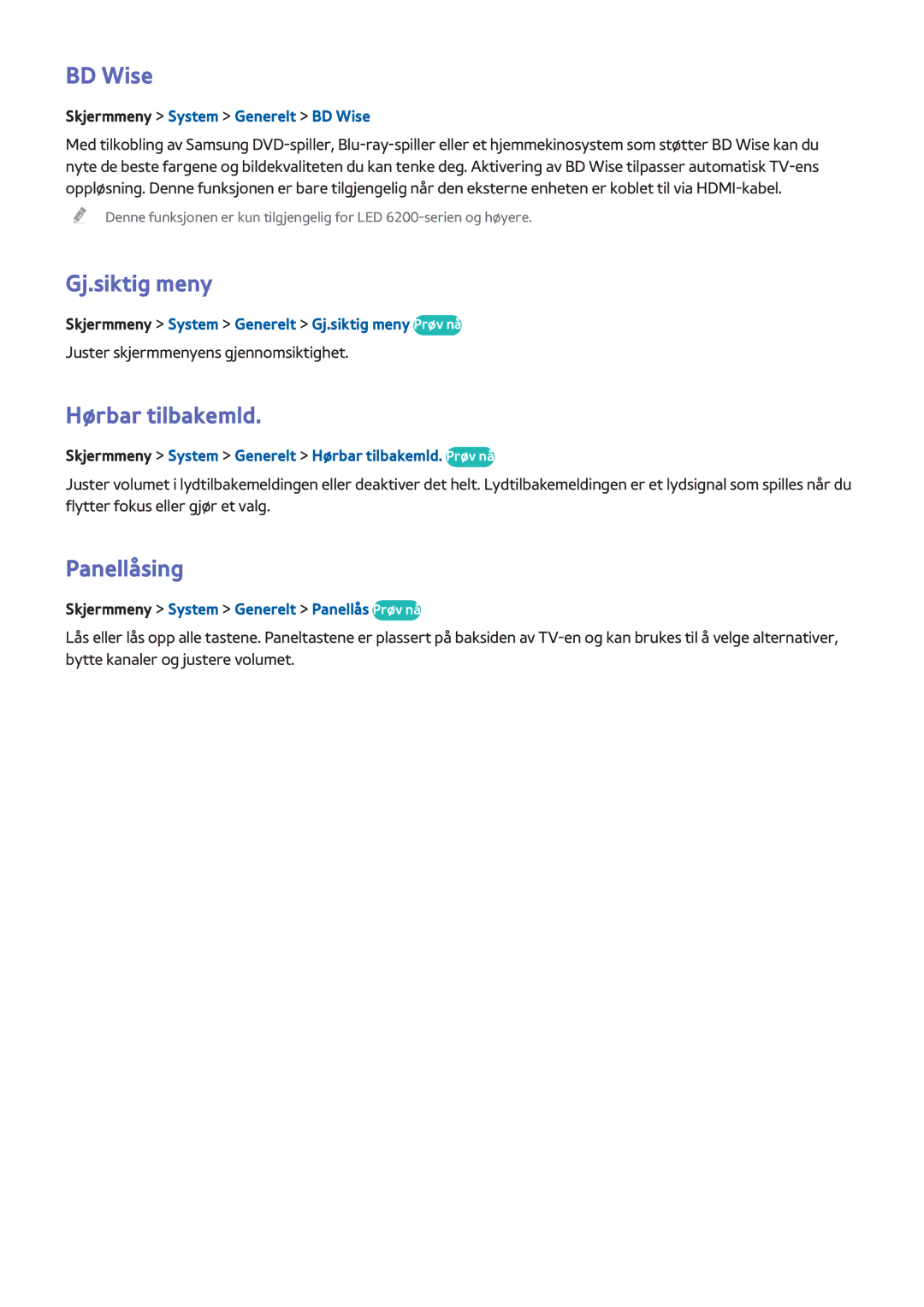 Samsung UE46F5505AKXXE, UE55F6345SBXXE, UE40F6755SBXXE manual BD Wise, Gj.siktig meny, Hørbar tilbakemld, Panellåsing 