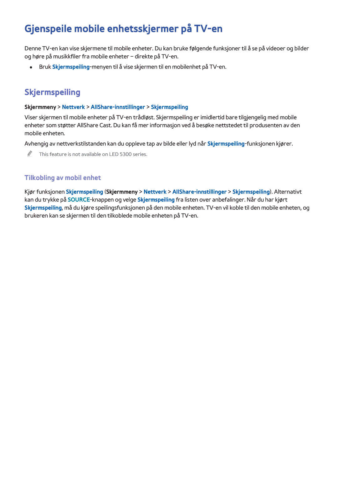 Samsung UE50F6755SBXXE manual Gjenspeile mobile enhetsskjermer på TV-en, Skjermspeiling, Tilkobling av mobil enhet 