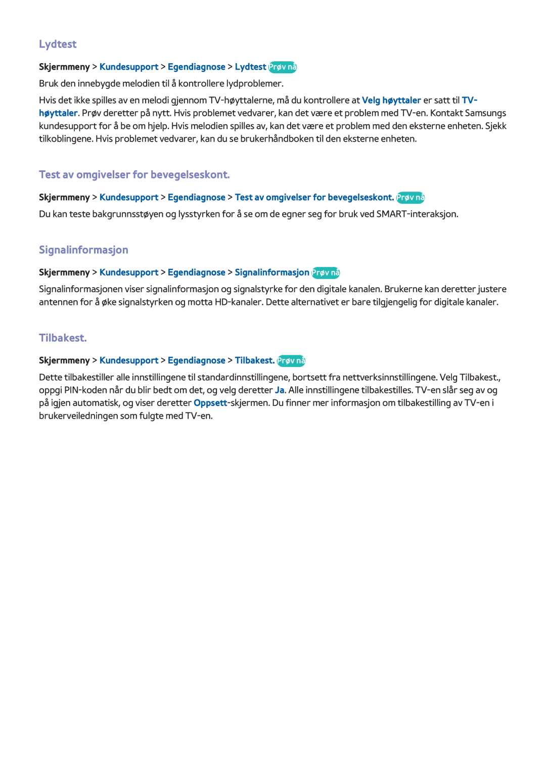 Samsung UE55F6475SBXXE, UE55F6345SBXXE manual Lydtest, Test av omgivelser for bevegelseskont, Signalinformasjon, Tilbakest 