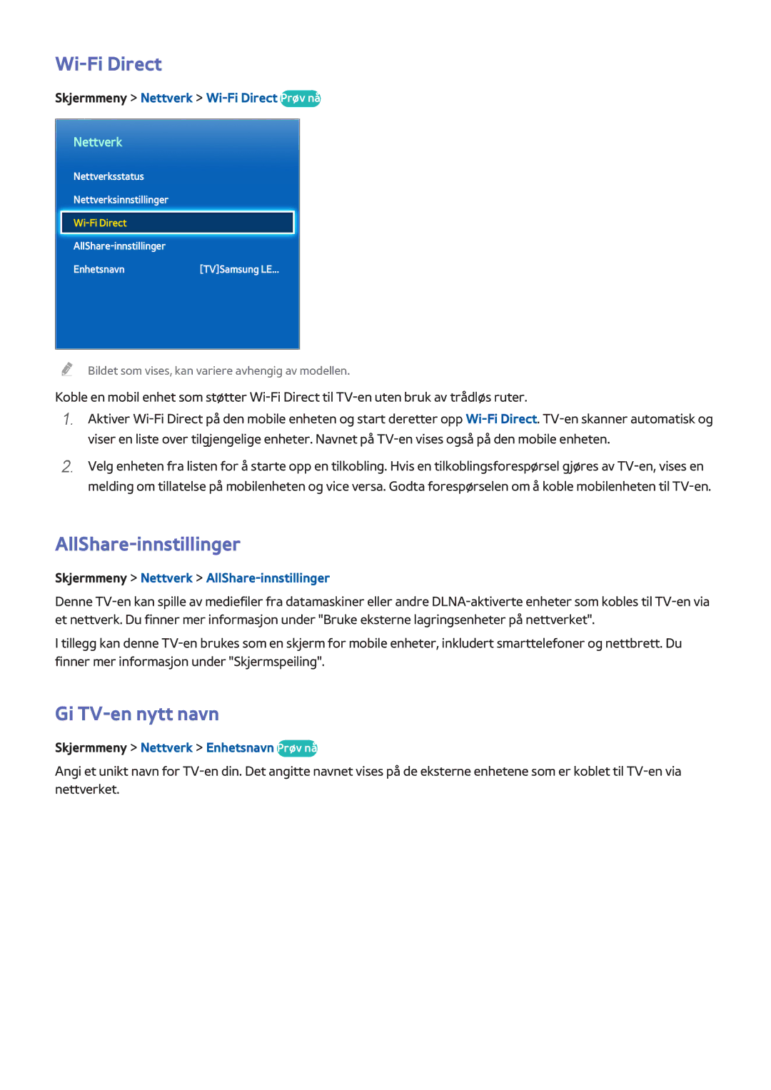 Samsung UE32F4515AKXXE, UE55F6345SBXXE, UE40F6755SBXXE manual Wi-Fi Direct, AllShare-innstillinger, Gi TV-en nytt navn 